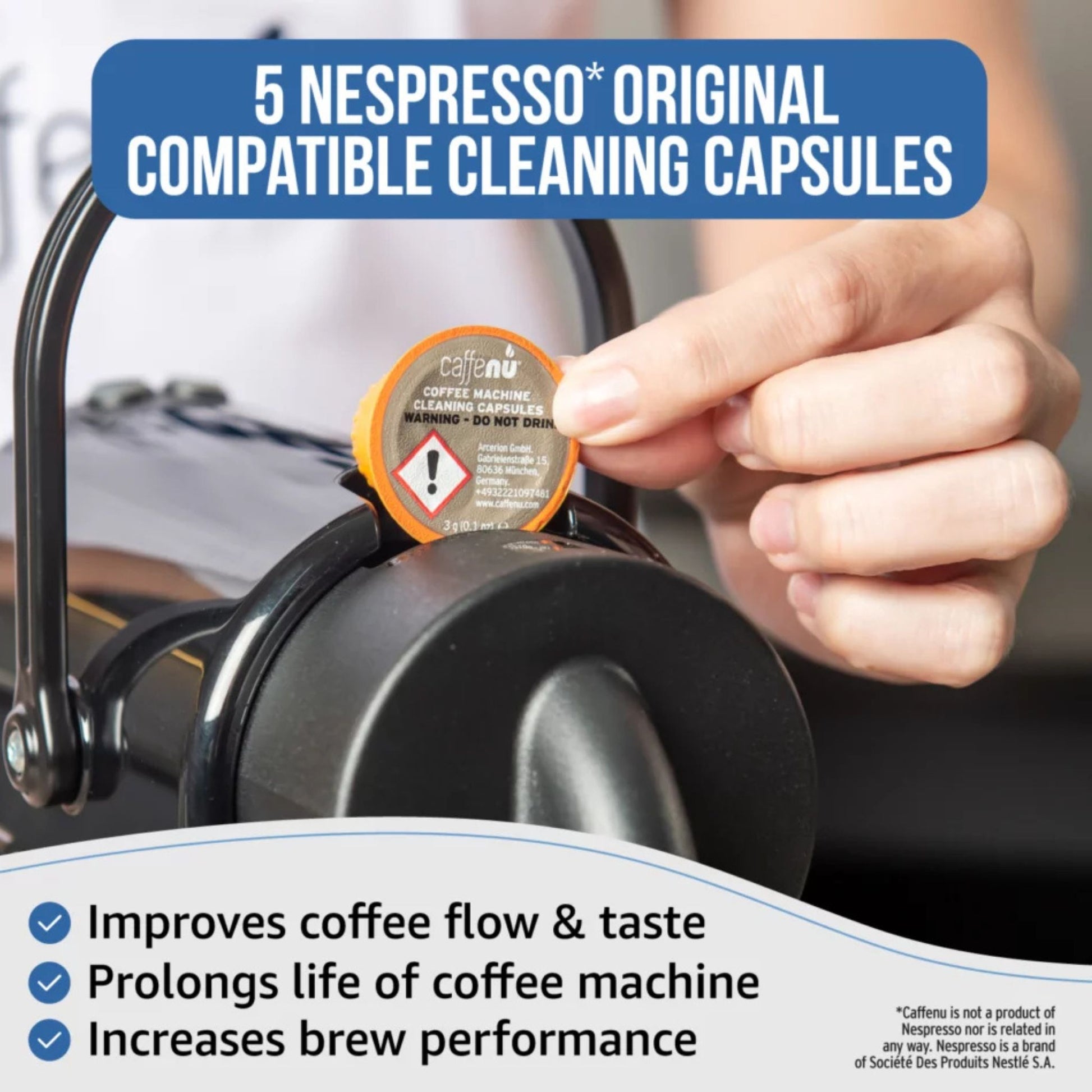 gardenstate Caffenu Cleaning Capsules for Nespresso Original; foaming action cleans brew chamber, spout and washer plate, lifts coffee oils for better flow and taste; odourless, 5-pack; not a descaler.