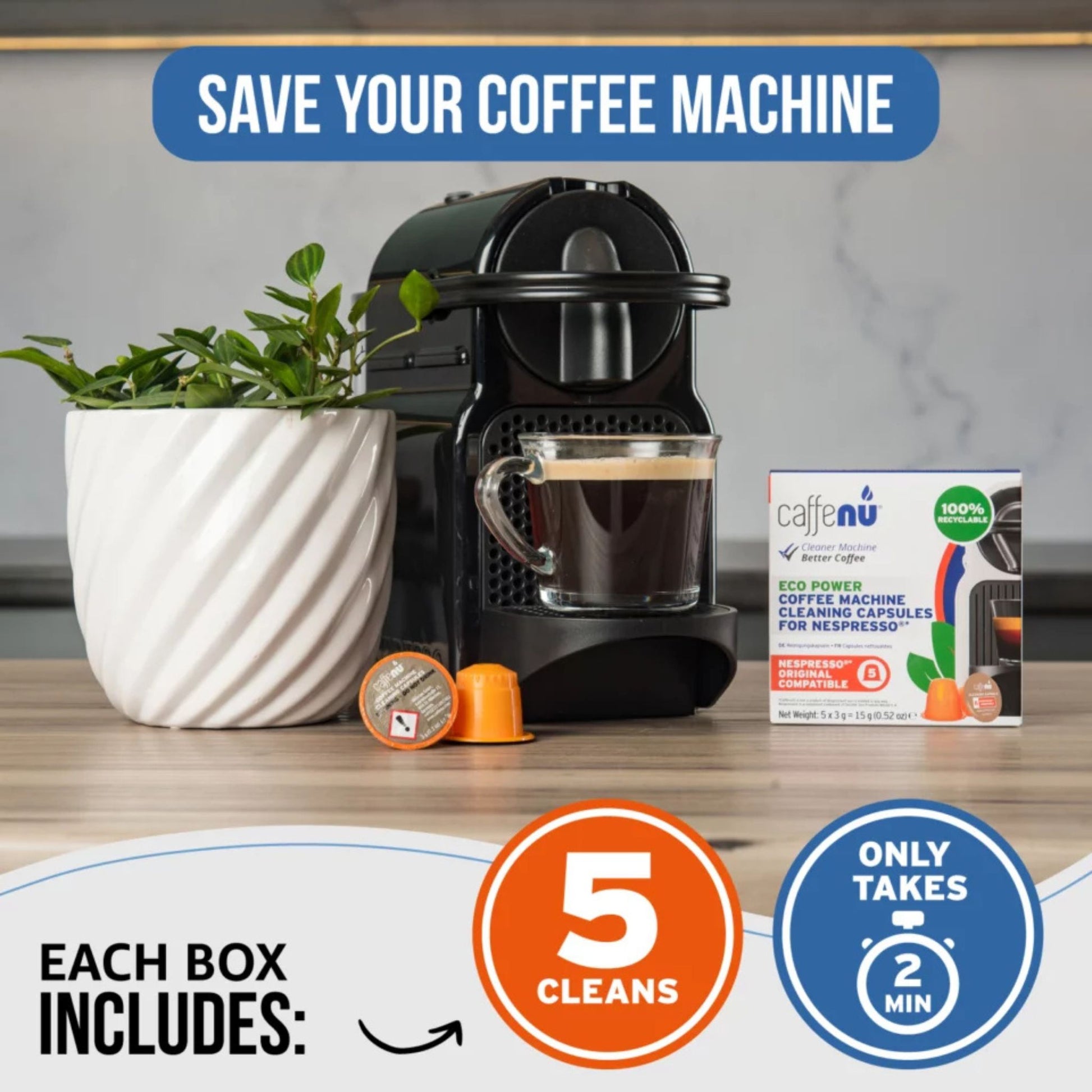 gardenstate Caffenu Cleaning Capsules for Nespresso Original; foaming action cleans brew chamber, spout and washer plate, lifts coffee oils for better flow and taste; odourless, 5-pack; not a descaler.