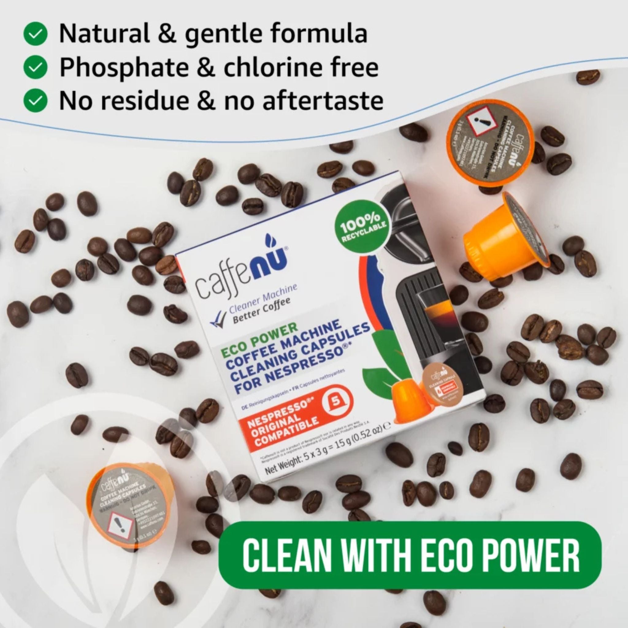 gardenstate Caffenu Cleaning Capsules for Nespresso Original; foaming action cleans brew chamber, spout and washer plate, lifts coffee oils for better flow and taste; odourless, 5-pack; not a descaler.