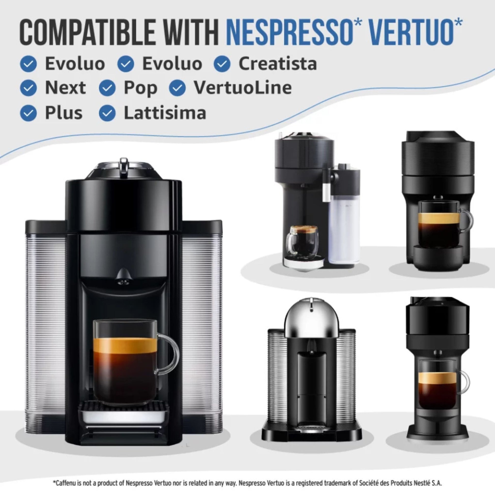 gardenstate Caffenu Nespresso Vertuo descaling & cleaning kit with 2 cleaning pods and 100 ml descaler; removes coffee oils, residue and limescale to keep Vertuo machines clean and coffee tasting fresh.