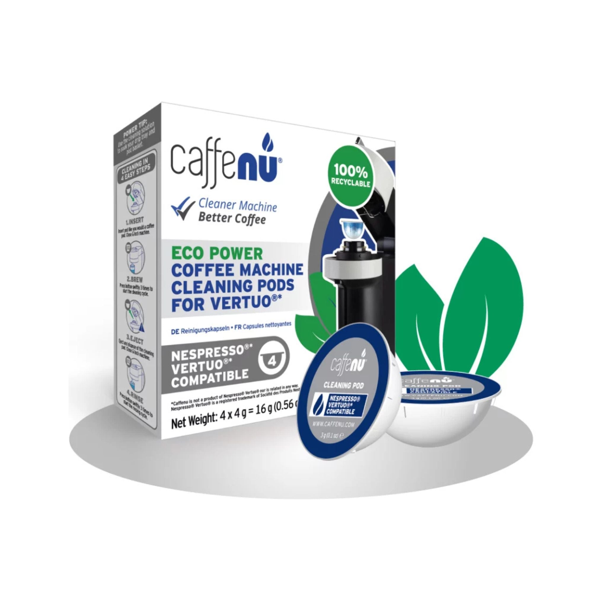 gardenstate Caffenu Cleaning Pods for Nespresso Vertuo; 4-pack foaming cleaner that reaches brew chamber and spout to remove coffee oils and residue; odourless and recyclable; not a descaler.