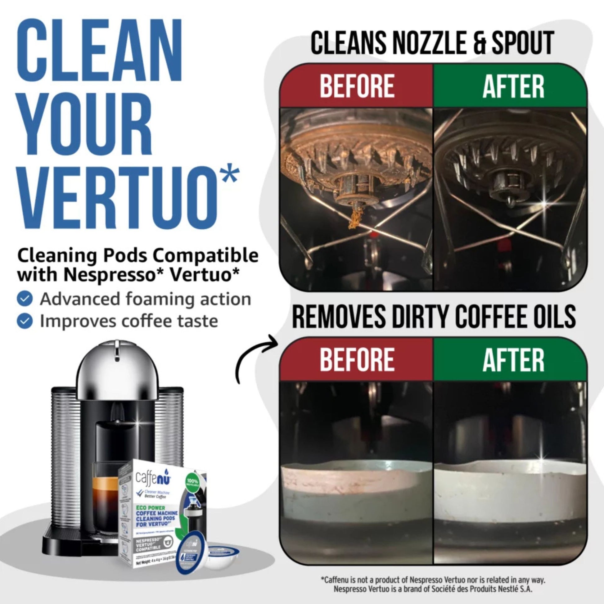 gardenstate Caffenu Cleaning Pods for Nespresso Vertuo; 4-pack foaming cleaner that reaches brew chamber and spout to remove coffee oils and residue; odourless and recyclable; not a descaler.