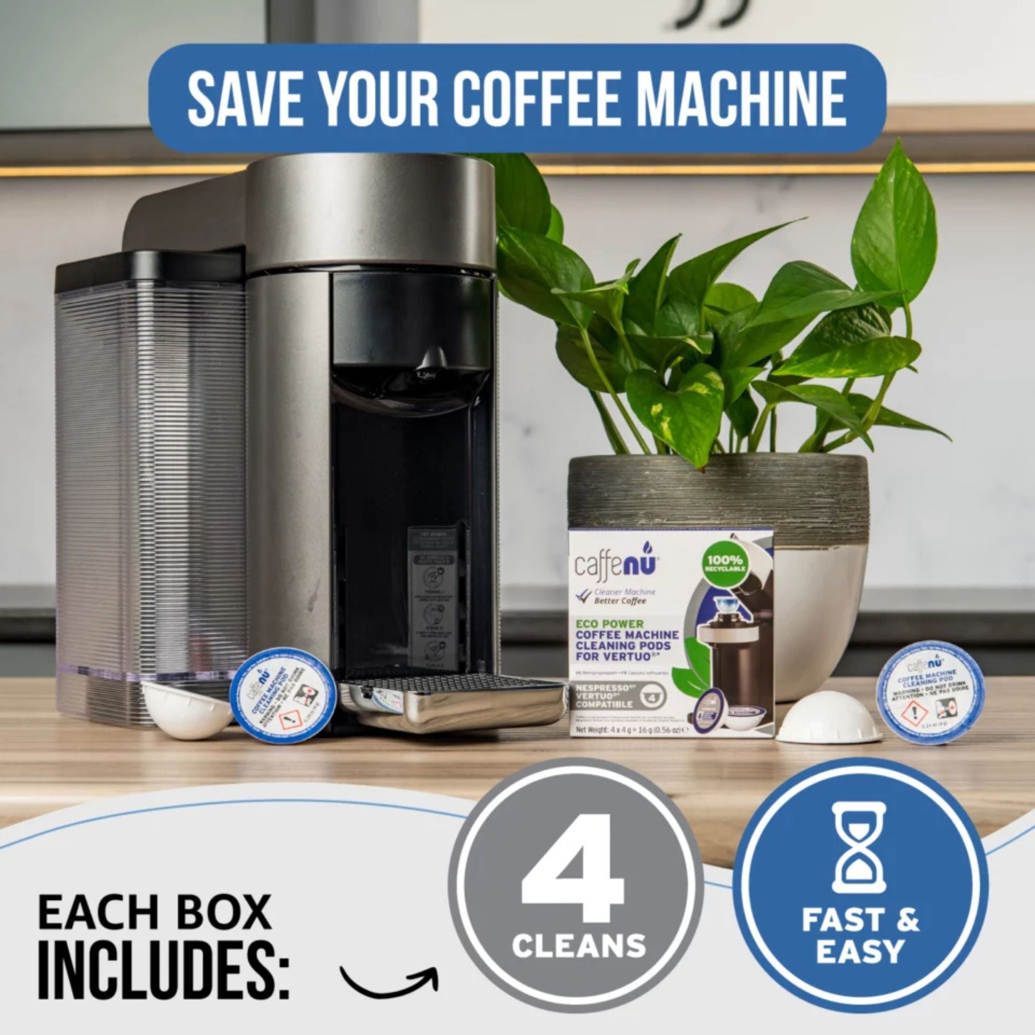 gardenstate Caffenu Cleaning Pods for Nespresso Vertuo; 4-pack foaming cleaner that reaches brew chamber and spout to remove coffee oils and residue; odourless and recyclable; not a descaler.