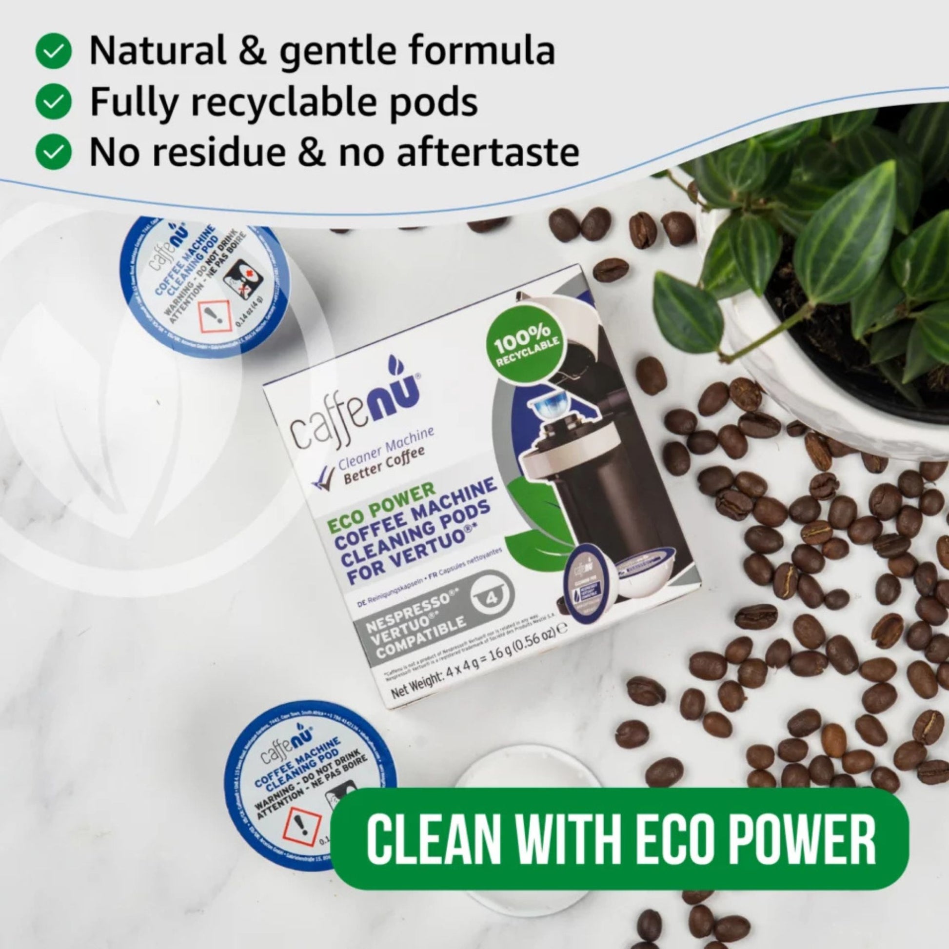 gardenstate Caffenu Cleaning Pods for Nespresso Vertuo; 4-pack foaming cleaner that reaches brew chamber and spout to remove coffee oils and residue; odourless and recyclable; not a descaler.
