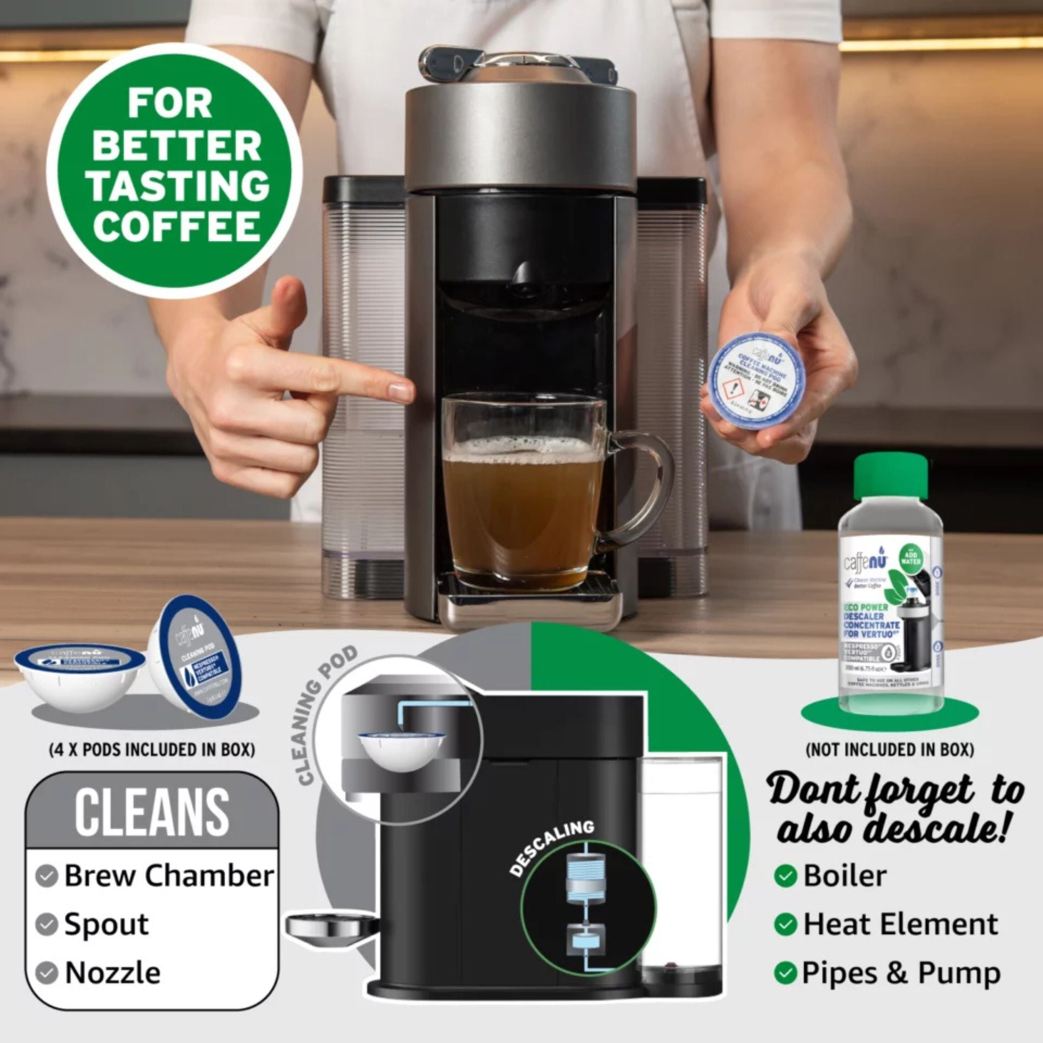 gardenstate Caffenu Cleaning Pods for Nespresso Vertuo; 4-pack foaming cleaner that reaches brew chamber and spout to remove coffee oils and residue; odourless and recyclable; not a descaler.
