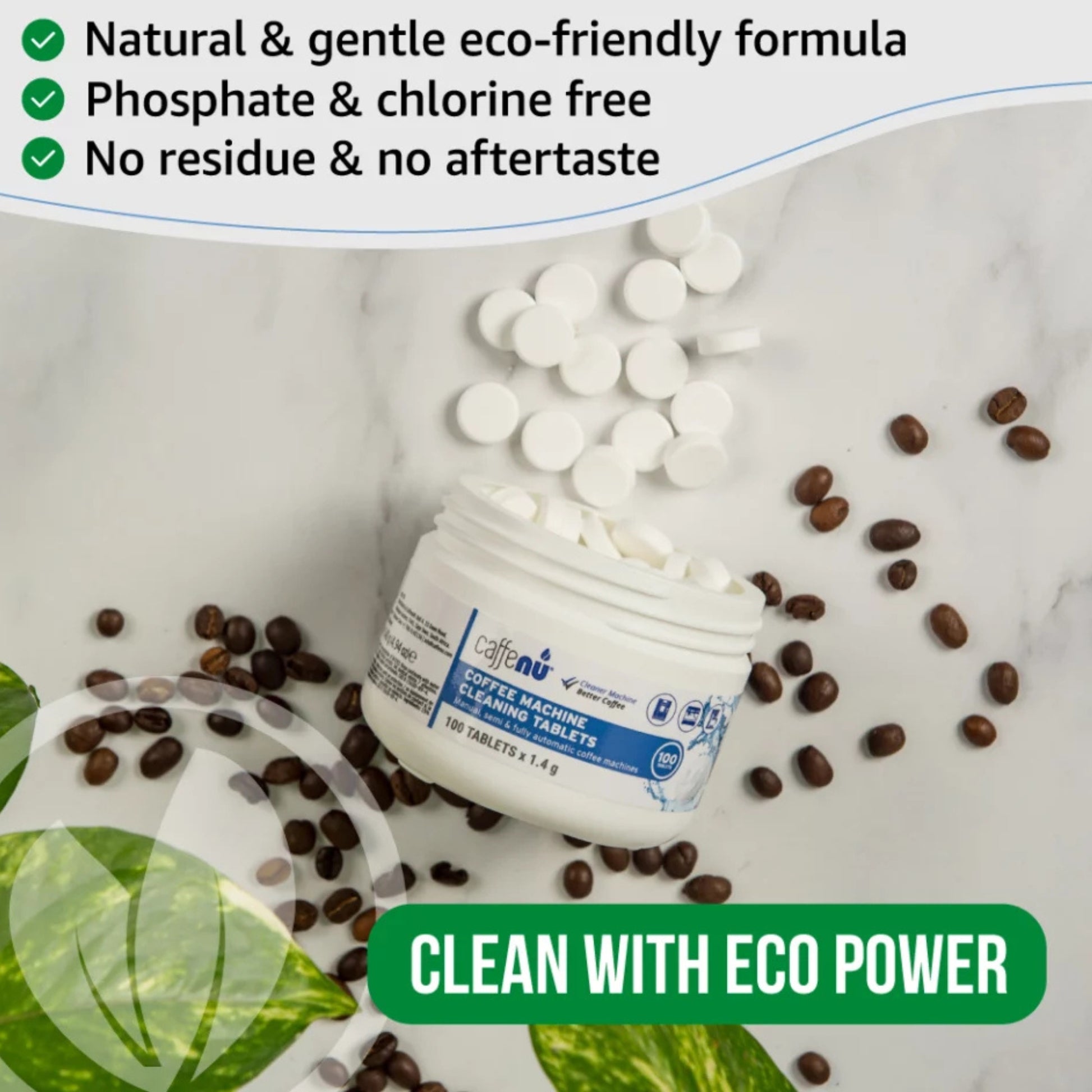 gardenstate Caffenu Cleaning Tablets (100) — commercial espresso, bean-to-cup and filter machine cleaner; fast-dissolving, eco-friendly, phosphate- and chlorine-free; removes coffee oils to improve taste and performance.