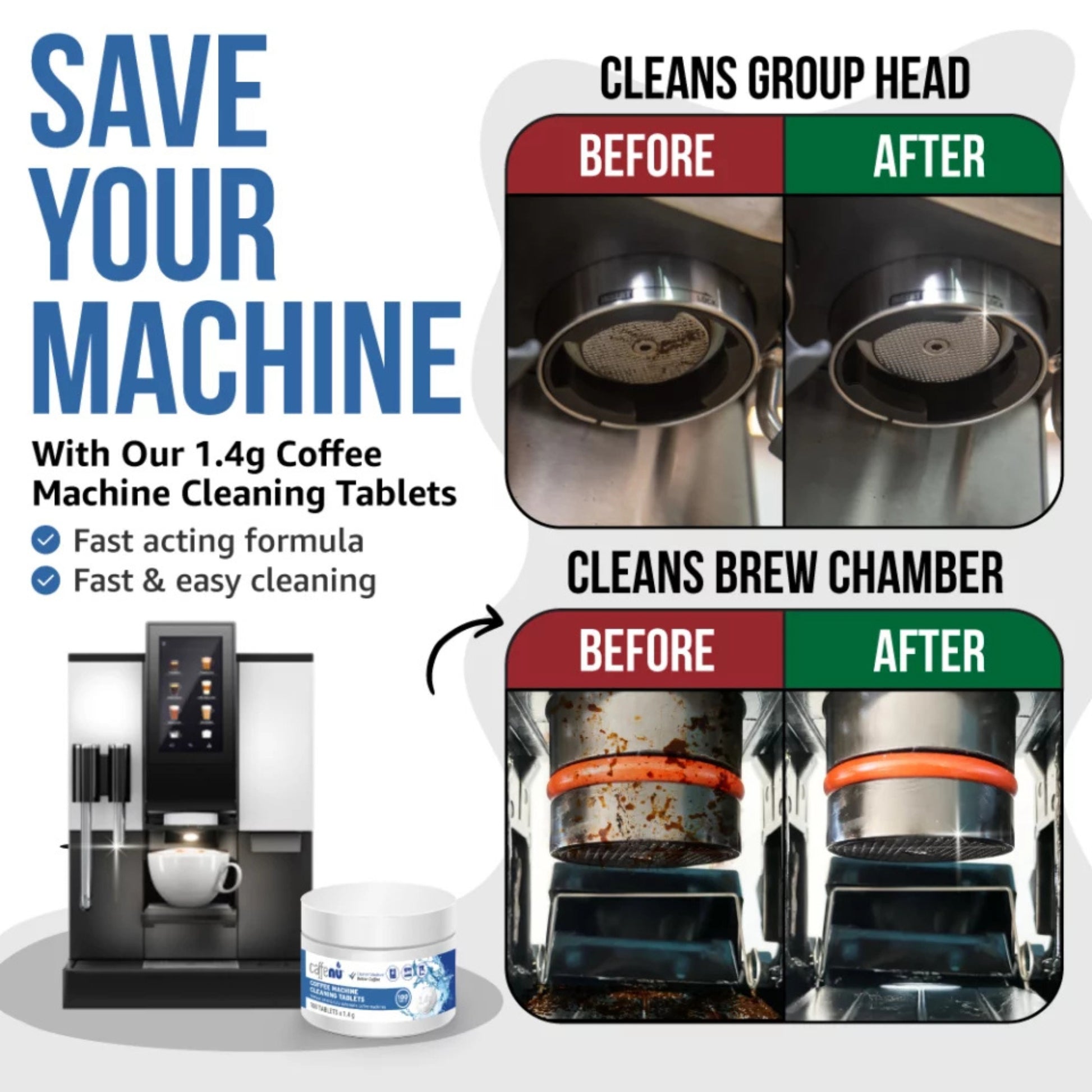 gardenstate Caffenu Cleaning Tablets (100) — commercial espresso, bean-to-cup and filter machine cleaner; fast-dissolving, eco-friendly, phosphate- and chlorine-free; removes coffee oils to improve taste and performance.