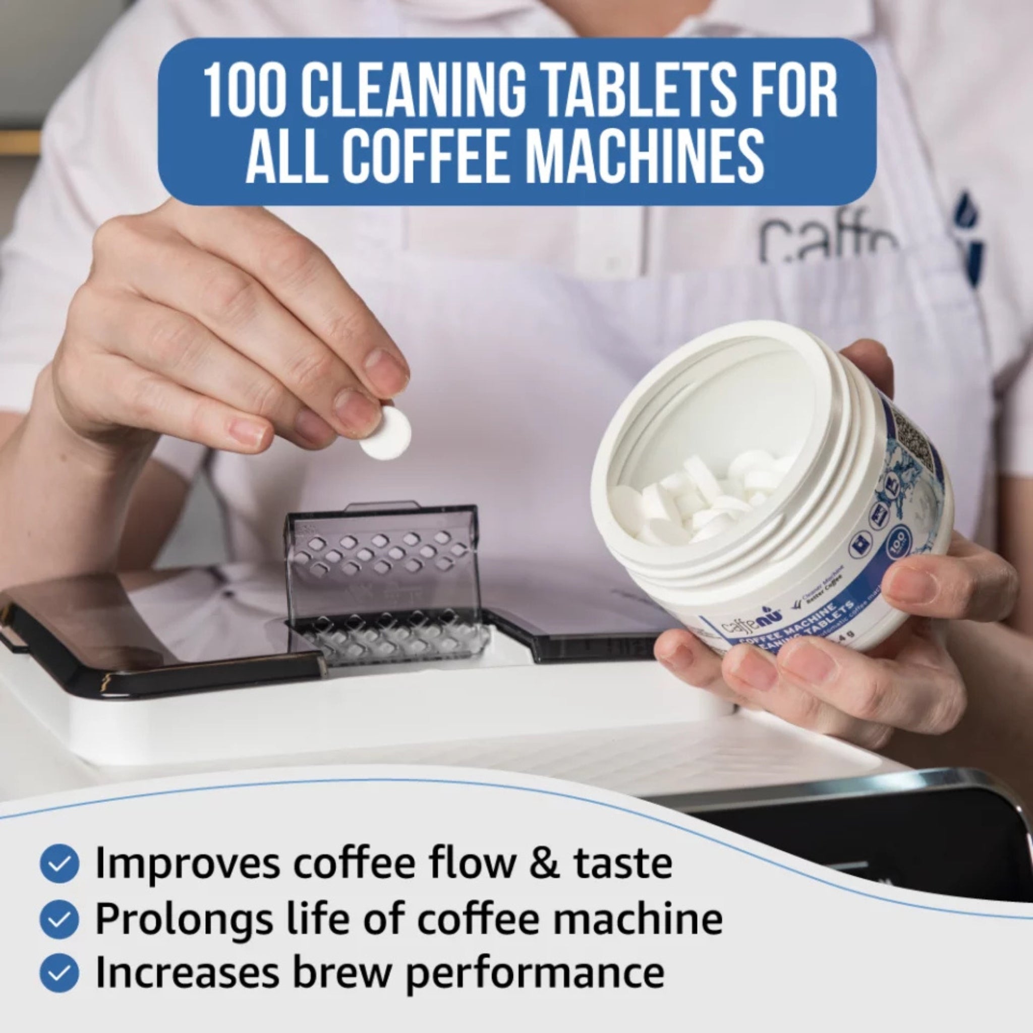 gardenstate Caffenu Cleaning Tablets (100) — commercial espresso, bean-to-cup and filter machine cleaner; fast-dissolving, eco-friendly, phosphate- and chlorine-free; removes coffee oils to improve taste and performance.