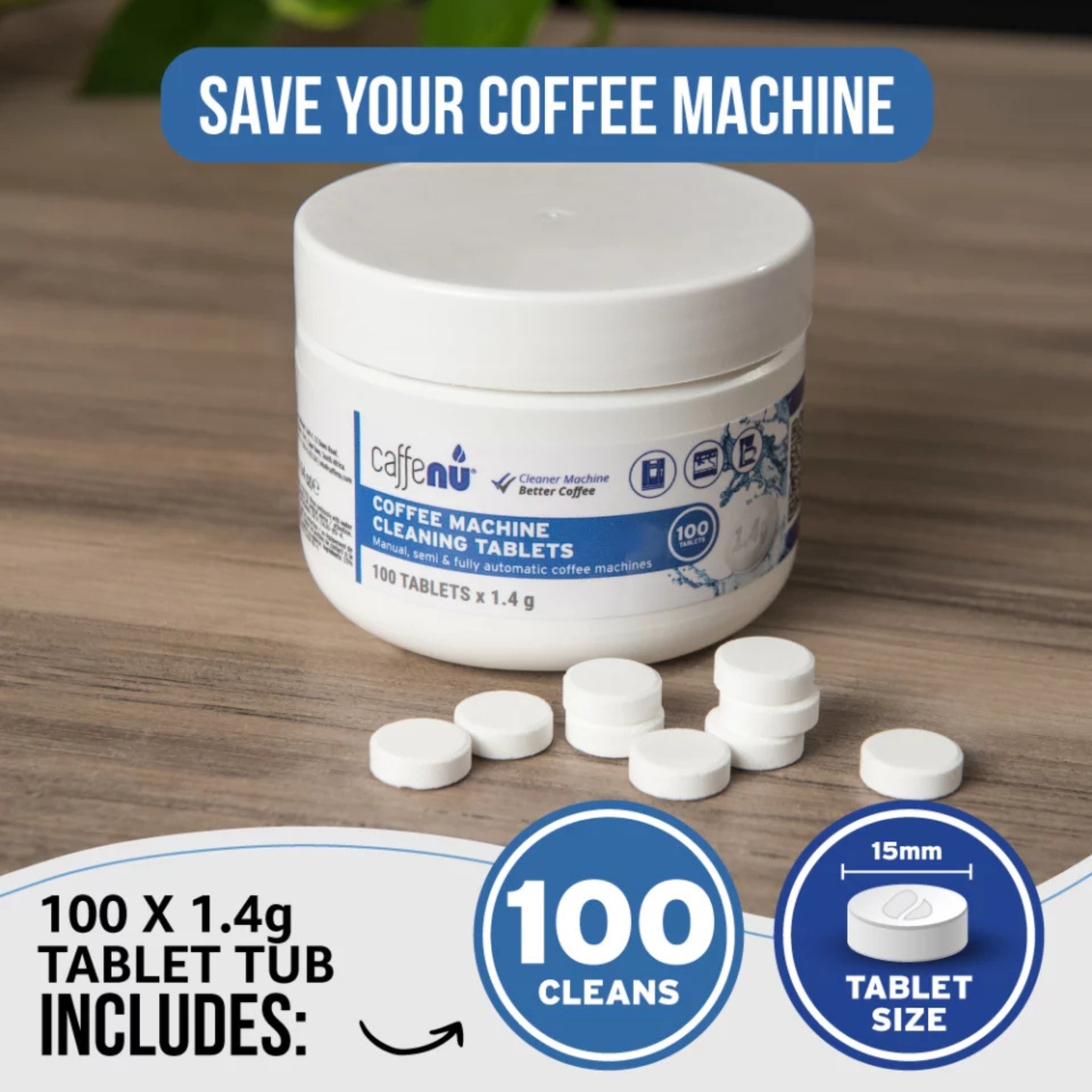 gardenstate Caffenu Cleaning Tablets (100) — commercial espresso, bean-to-cup and filter machine cleaner; fast-dissolving, eco-friendly, phosphate- and chlorine-free; removes coffee oils to improve taste and performance.