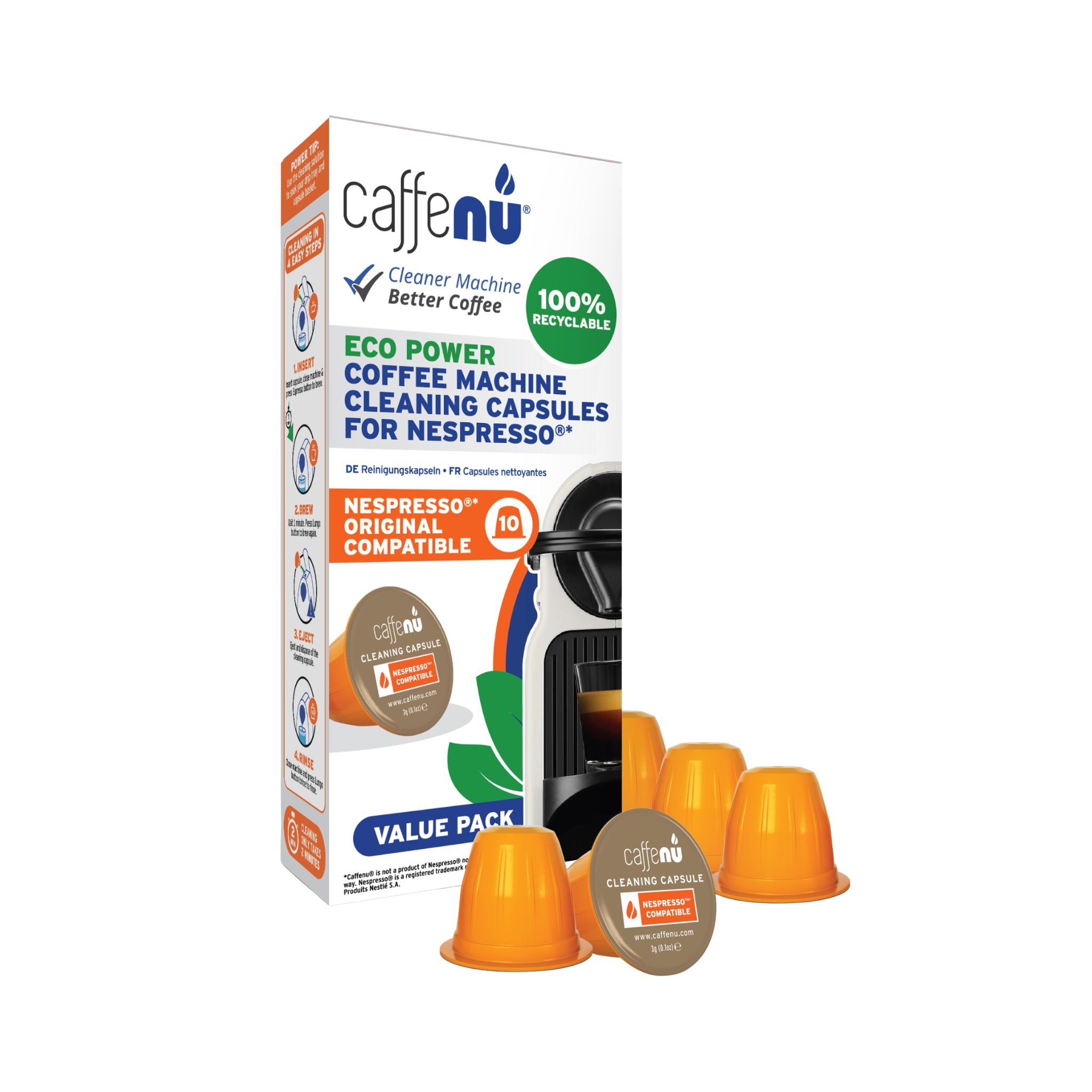 gardenstate Caffenu Cleaning Capsules for Nespresso Original, value pack of 10; foaming action cleans brew chamber and spout, removes coffee oils and residue, improves flow and flavour; odourless and recyclable.
