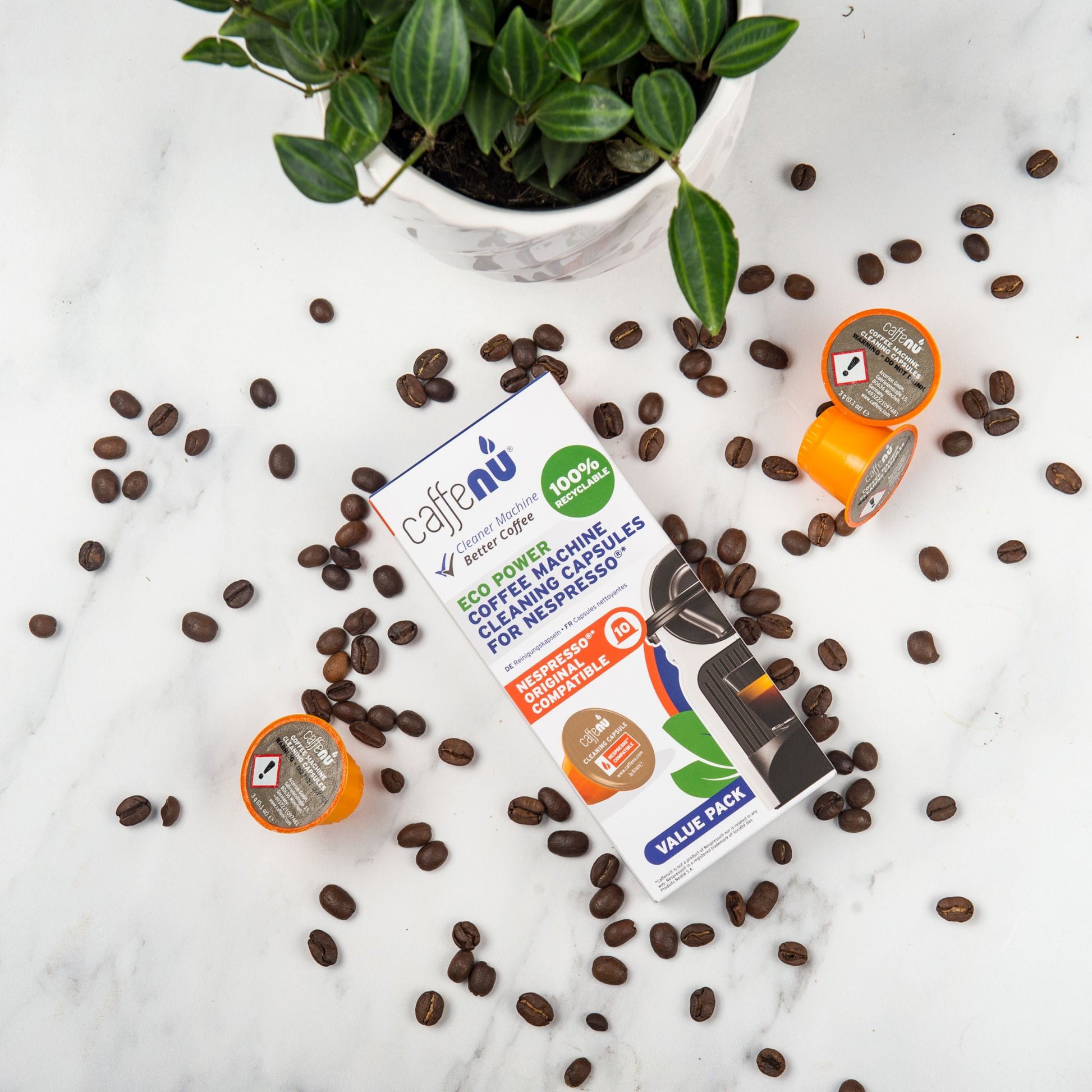 gardenstate Caffenu Cleaning Capsules for Nespresso Original, value pack of 10; foaming action cleans brew chamber and spout, removes coffee oils and residue, improves flow and flavour; odourless and recyclable.