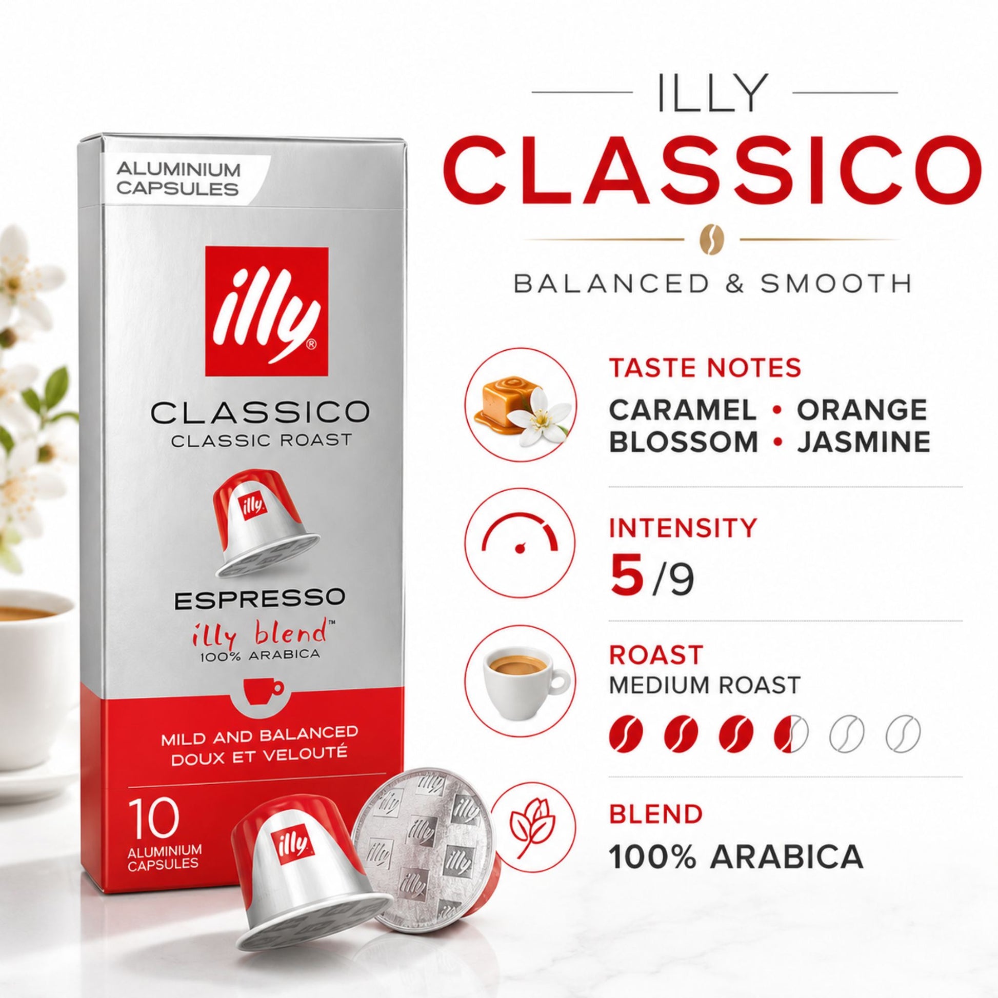 GardenState, Illy Classico Nespresso-compatible coffee capsules pack of 10 – smooth medium roast with notes of caramel, jasmine, and orange blossom. Ideal for office or horeca use.