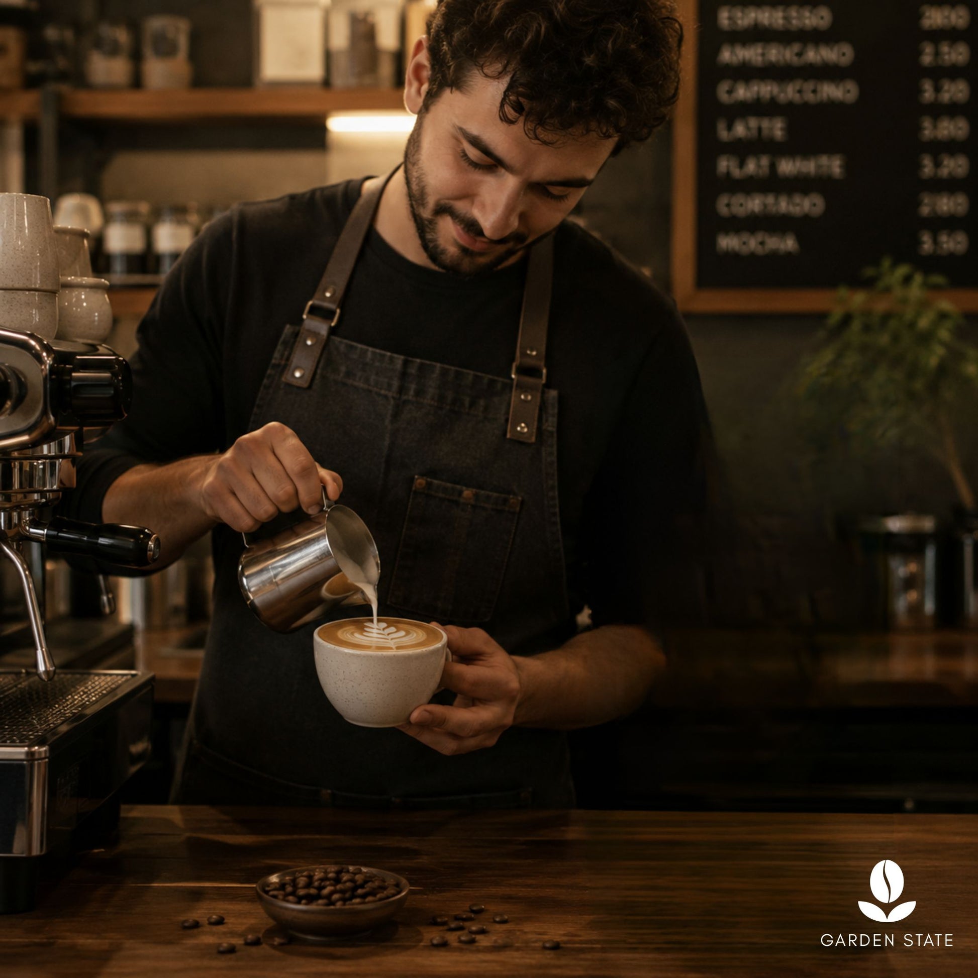 gardenstate barista preparing latte art with commercial espresso machine, premium coffee experience for cafés, hotels, executive lounges, office pantries and hospitality businesses in Singapore
