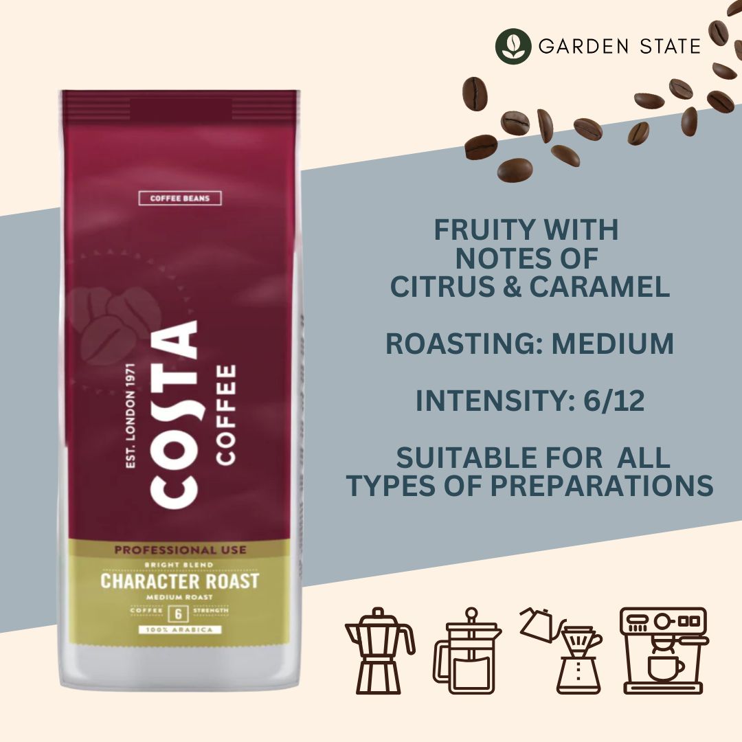 GardenState Costa Coffee Bright Blend Character Roast 1kg medium roast coffee beans, intensity 6/12. 100% Arabica with citrus, caramel and fruity notes. Ideal for espresso, filter or cold brew.