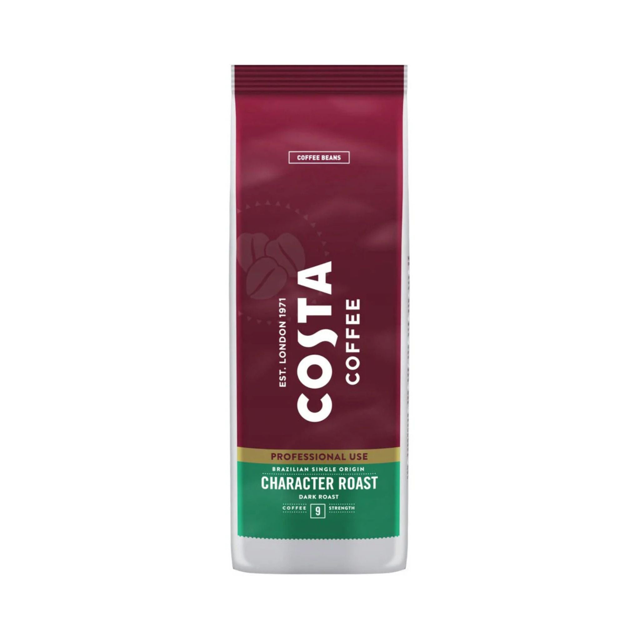 GardenState Costa Coffee Brazilian Single Origin Dark Roast coffee beans, 100% Arabica, intensity 9/12 with strong flavor notes of chocolate, roasted nuts, fig and dates. Rainforest Alliance Certified.