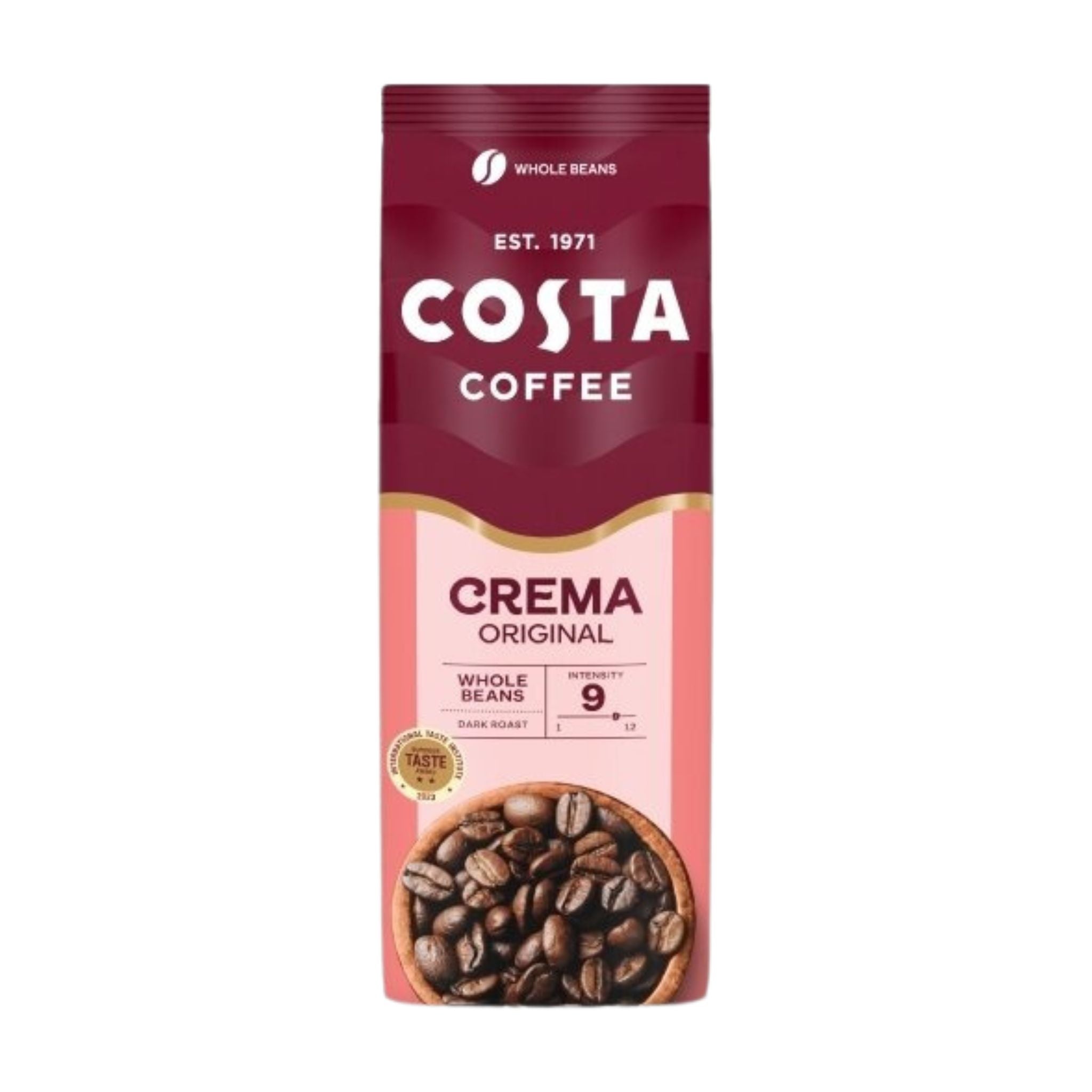 GardenState, Costa Coffee Caffe Crema Blend 1kg whole beans, dark roast, 9/12 intensity. Arabica & Robusta with dark chocolate, orange peel, and caramel notes. Roasted in the UK. Ideal for café-style milk drinks.