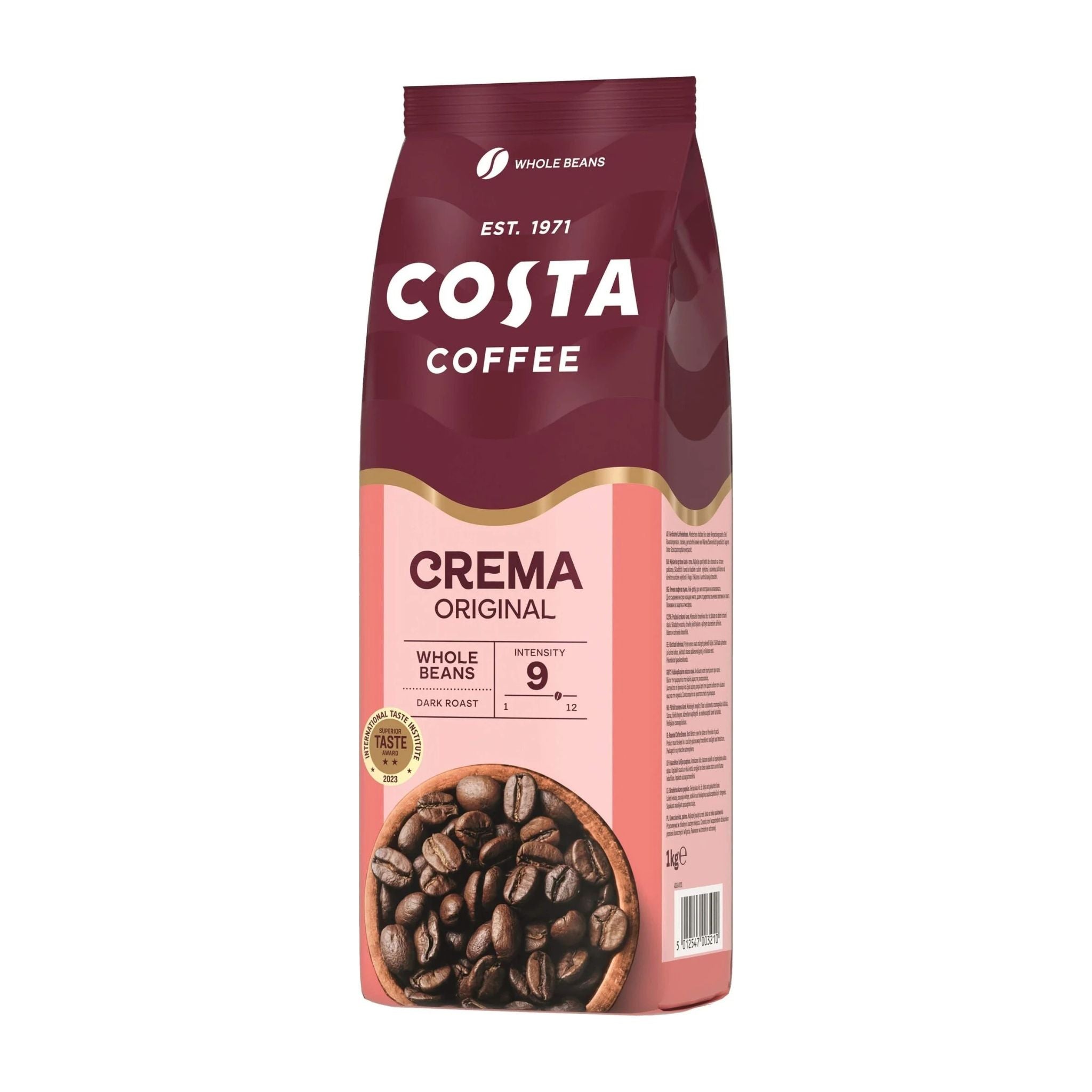 GardenState, Costa Coffee Caffe Crema Blend 1kg whole beans, dark roast, 9/12 intensity. Arabica & Robusta with dark chocolate, orange peel, and caramel notes. Roasted in the UK. Ideal for café-style milk drinks.
