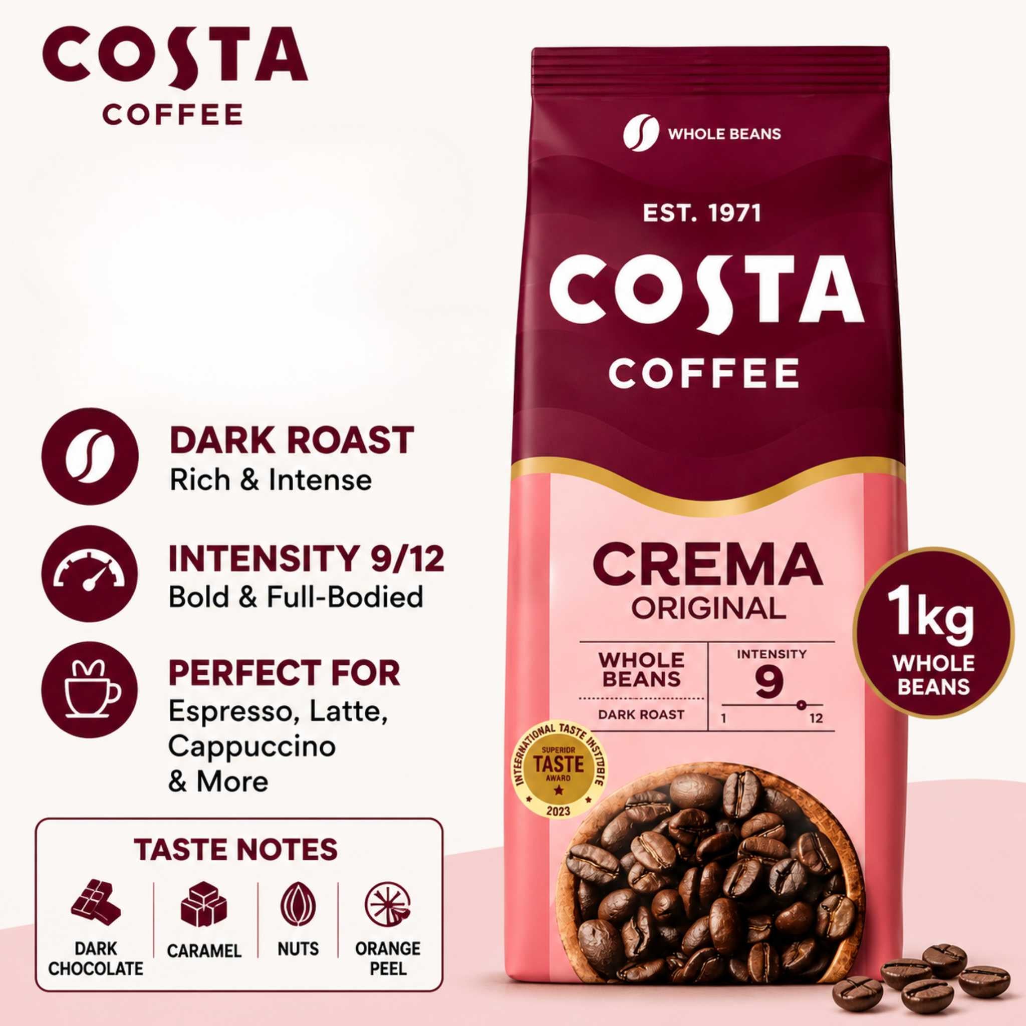Costa Coffee Caffe Crema Blend 1kg whole beans, dark roast, 9/12 intensity. Arabica & Robusta with dark chocolate, orange peel, and caramel notes. Roasted in the UK. Ideal for café-style milk drinks.