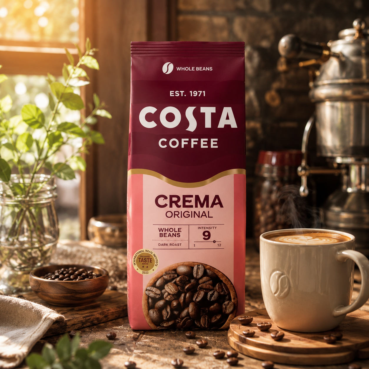 Costa Coffee Caffe Crema Blend 1kg whole beans, dark roast, 9/12 intensity. Arabica & Robusta with dark chocolate, orange peel, and caramel notes. Roasted in the UK. Ideal for café-style milk drinks.