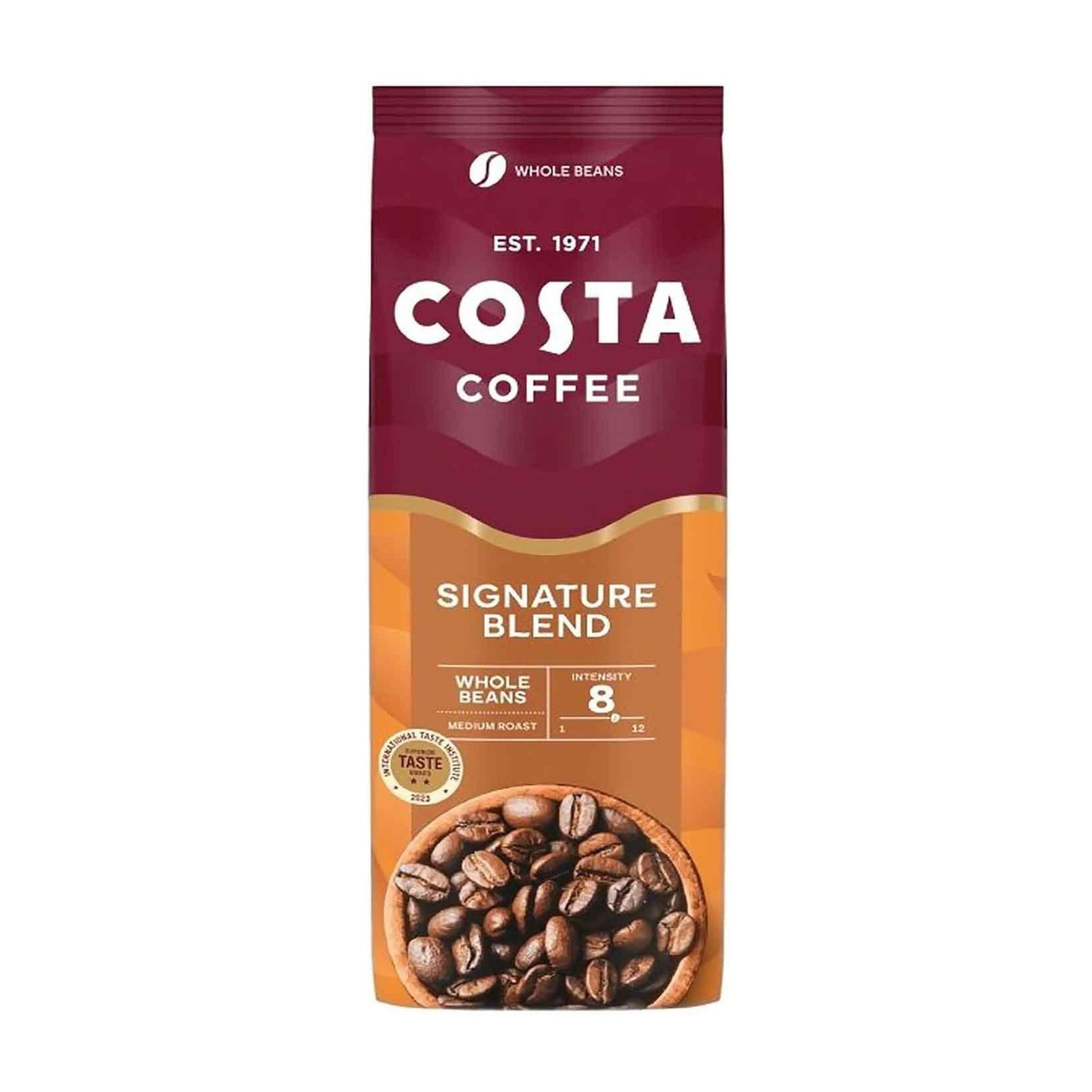 GardenState, Costa Coffee Signature Blend whole beans. Medium roast with intensity 8/12. Full-bodied flavour with notes of roasted hazelnut and dark chocolate. Award-winning, barista-approved taste.