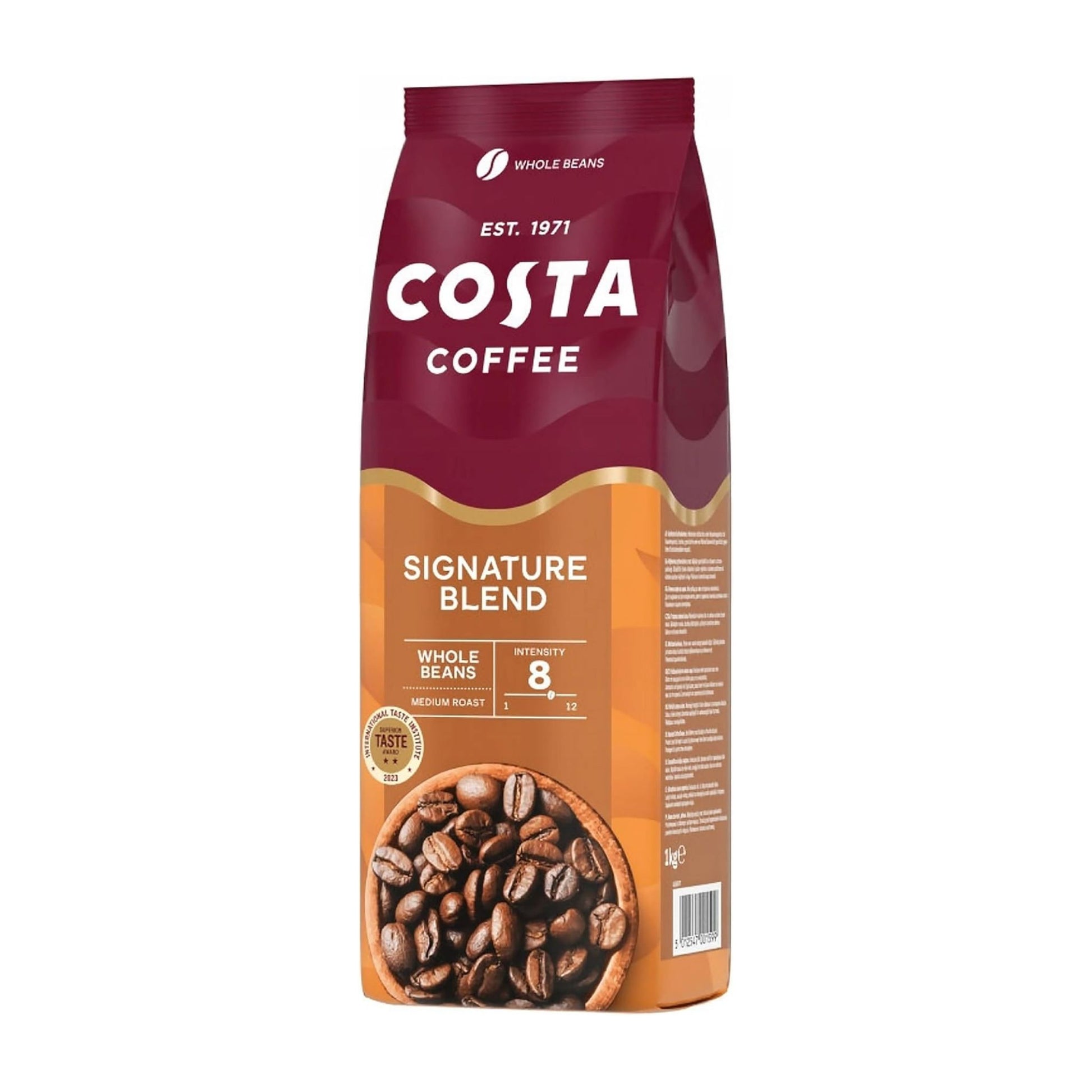 GardenState, Costa Coffee Signature Blend whole beans. Medium roast with intensity 8/12. Full-bodied flavour with notes of roasted hazelnut and dark chocolate. Award-winning, barista-approved taste.