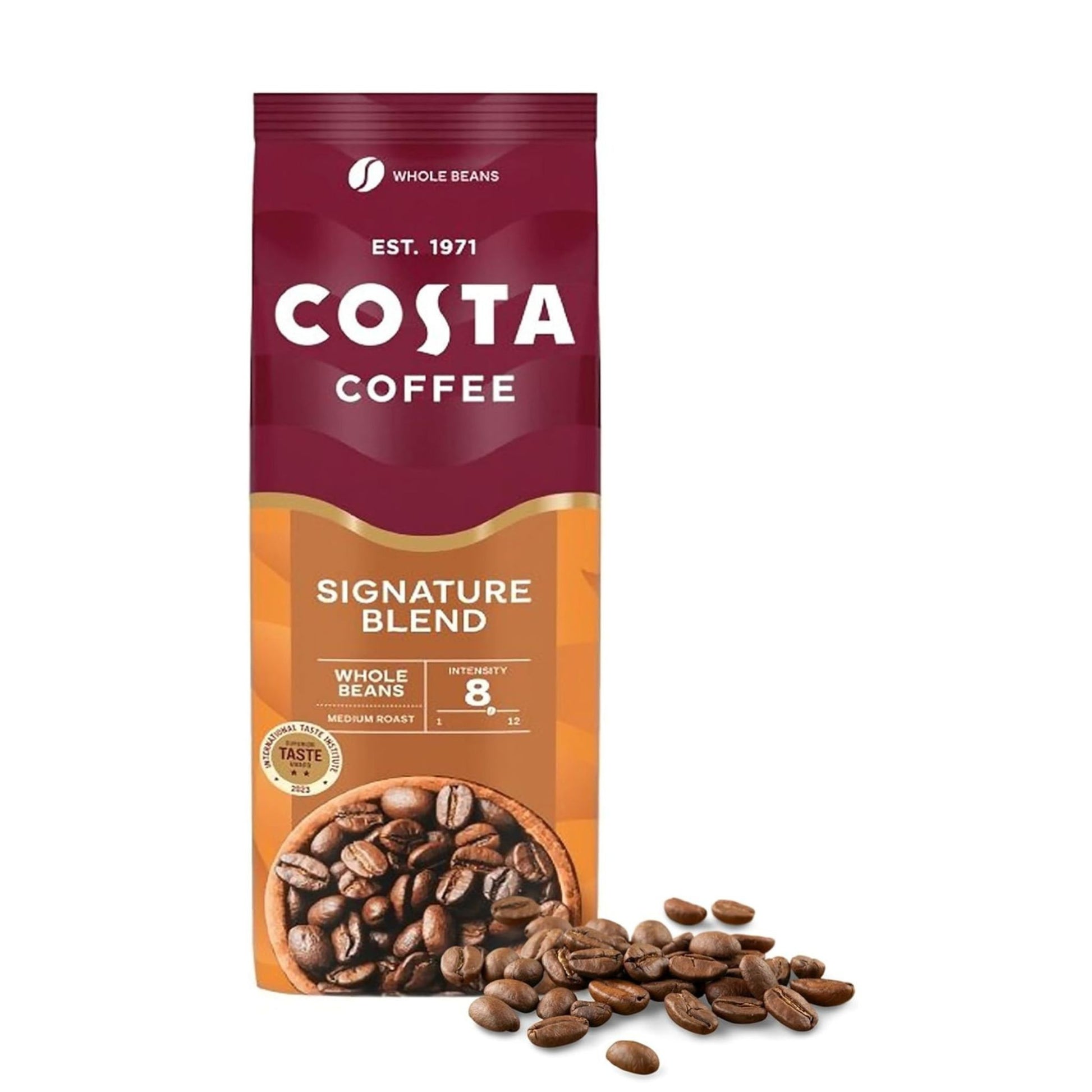 GardenState, Costa Coffee Signature Blend whole beans. Medium roast with intensity 8/12. Full-bodied flavour with notes of roasted hazelnut and dark chocolate. Award-winning, barista-approved taste.