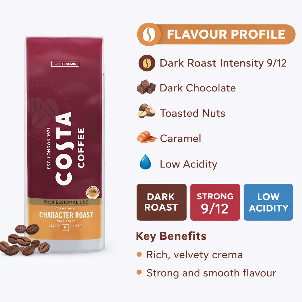 Costa Coffee Professional Crema Gold Dark Roast whole beans 1kg bag for espresso with rich crema and low acidity