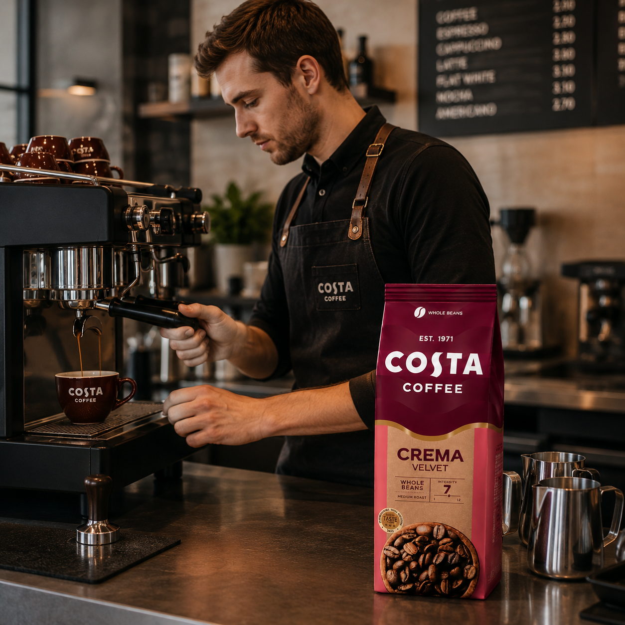 Garden State, Costa Coffee Crema Velvet Whole coffee beans  1kg bag. Wholesale supply Singapore.