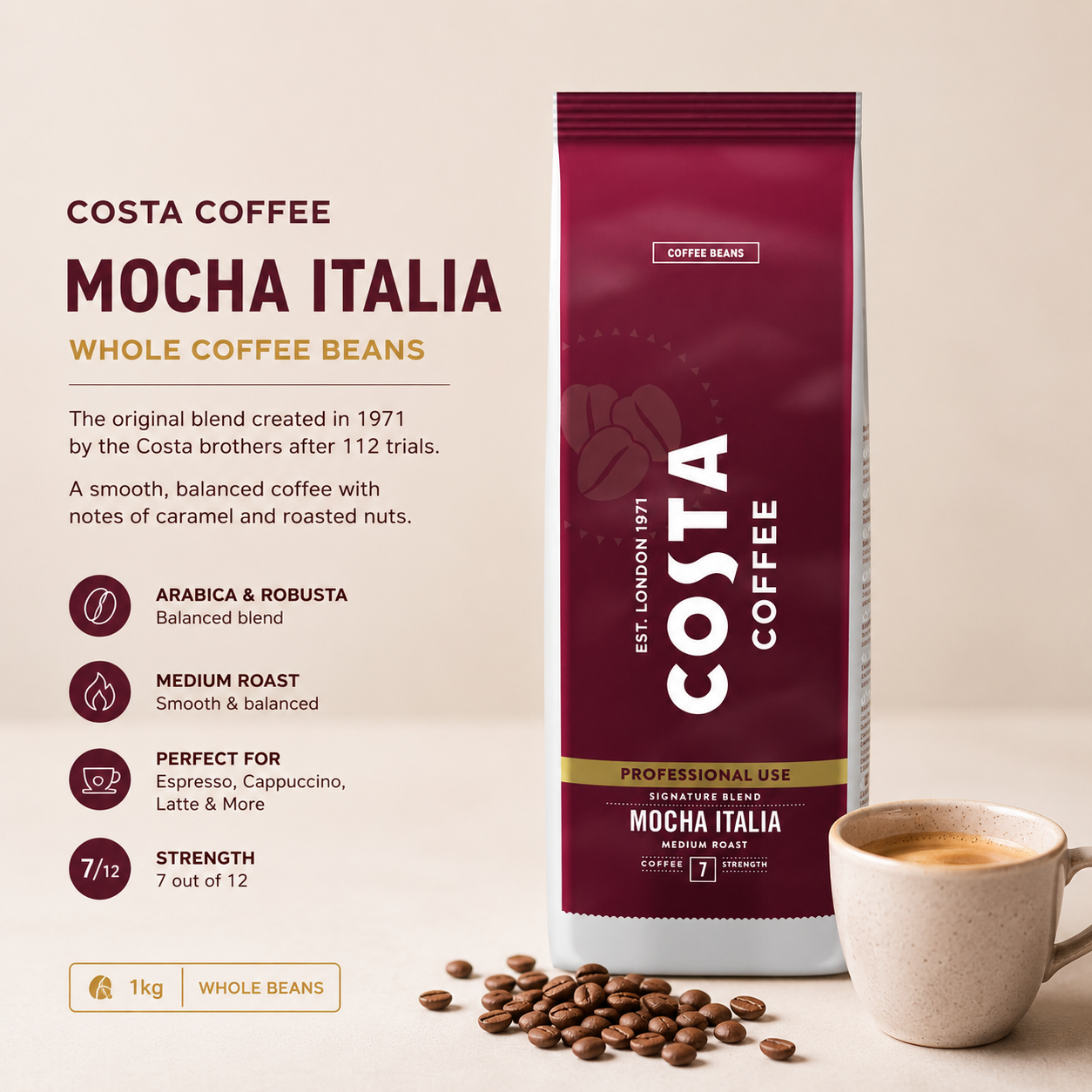 Costa Coffee Professional Mocha Italia Whole Coffee Beans - Medium