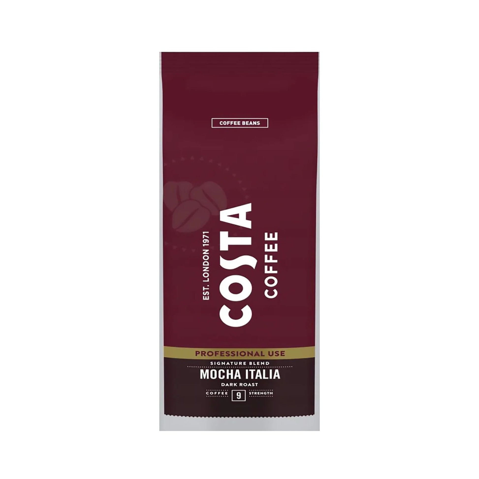 GardenState, Costa Coffee Mocha Italia Dark Roast whole beans, 1kg bag. A bold blend of Arabica and Robusta with notes of dark chocolate and tobacco. Ideal for espresso, cappuccino, and latte drinks.