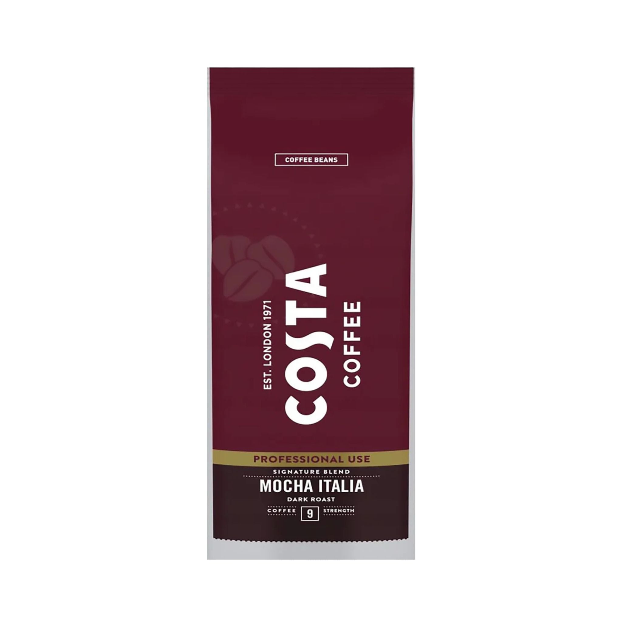 GardenState, Costa Coffee Mocha Italia Dark Roast whole beans, 1kg bag. A bold blend of Arabica and Robusta with notes of dark chocolate and tobacco. Ideal for espresso, cappuccino, and latte drinks.