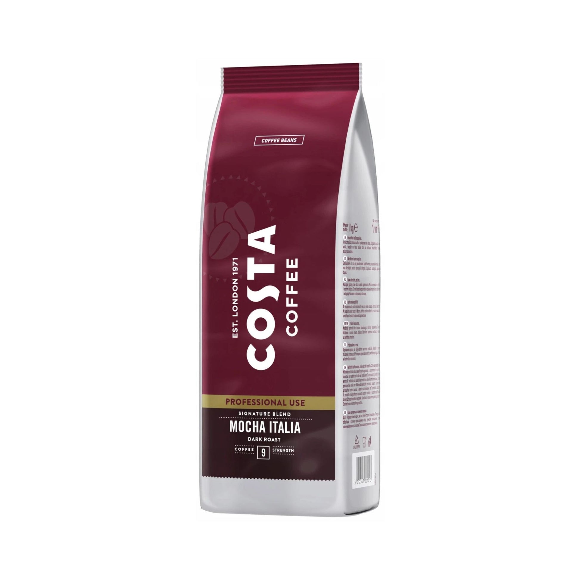 GardenState, Costa Coffee Mocha Italia Dark Roast whole beans, 1kg bag. A bold blend of Arabica and Robusta with notes of dark chocolate and tobacco. Ideal for espresso, cappuccino, and latte drinks.