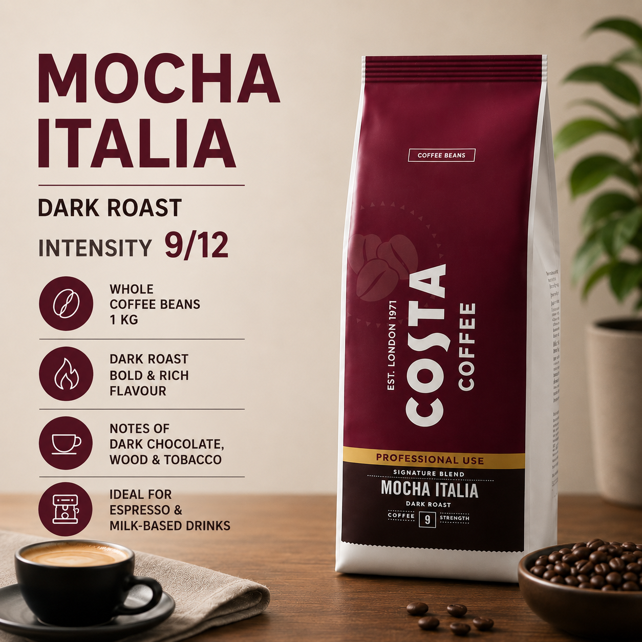 GardenState, Costa Coffee Mocha Italia Dark Roast whole beans, 1kg bag. A bold blend of Arabica and Robusta with notes of dark chocolate and tobacco. Ideal for espresso, cappuccino, and latte drinks.