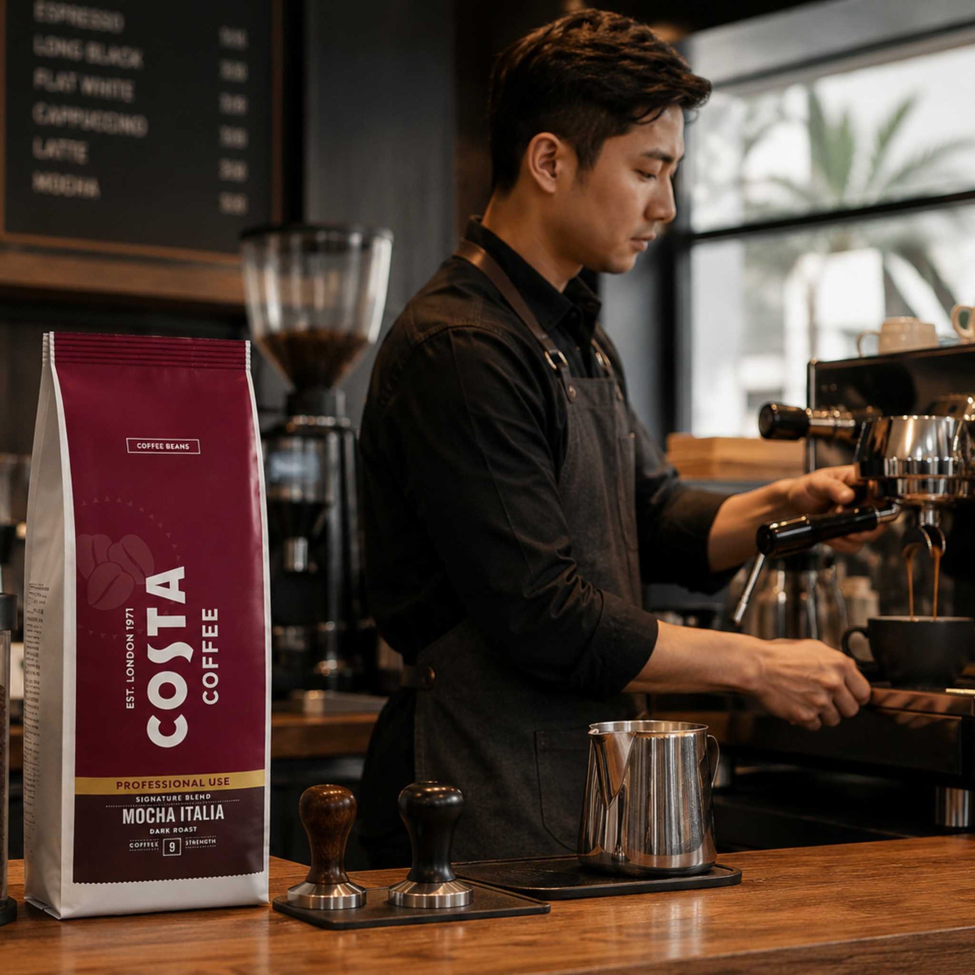 GardenState, Costa Coffee Mocha Italia Dark Roast whole beans, 1kg bag. A bold blend of Arabica and Robusta with notes of dark chocolate and tobacco. Ideal for espresso, cappuccino, and latte drinks.