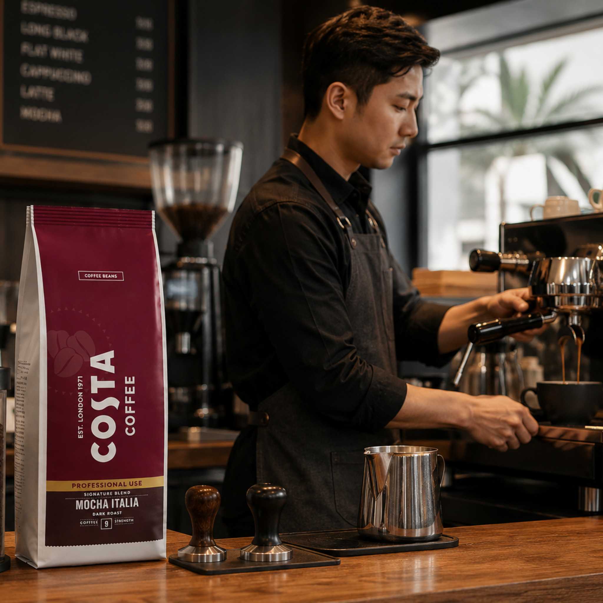 GardenState, Costa Coffee Mocha Italia Dark Roast whole beans, 1kg bag. A bold blend of Arabica and Robusta with notes of dark chocolate and tobacco. Ideal for espresso, cappuccino, and latte drinks.
