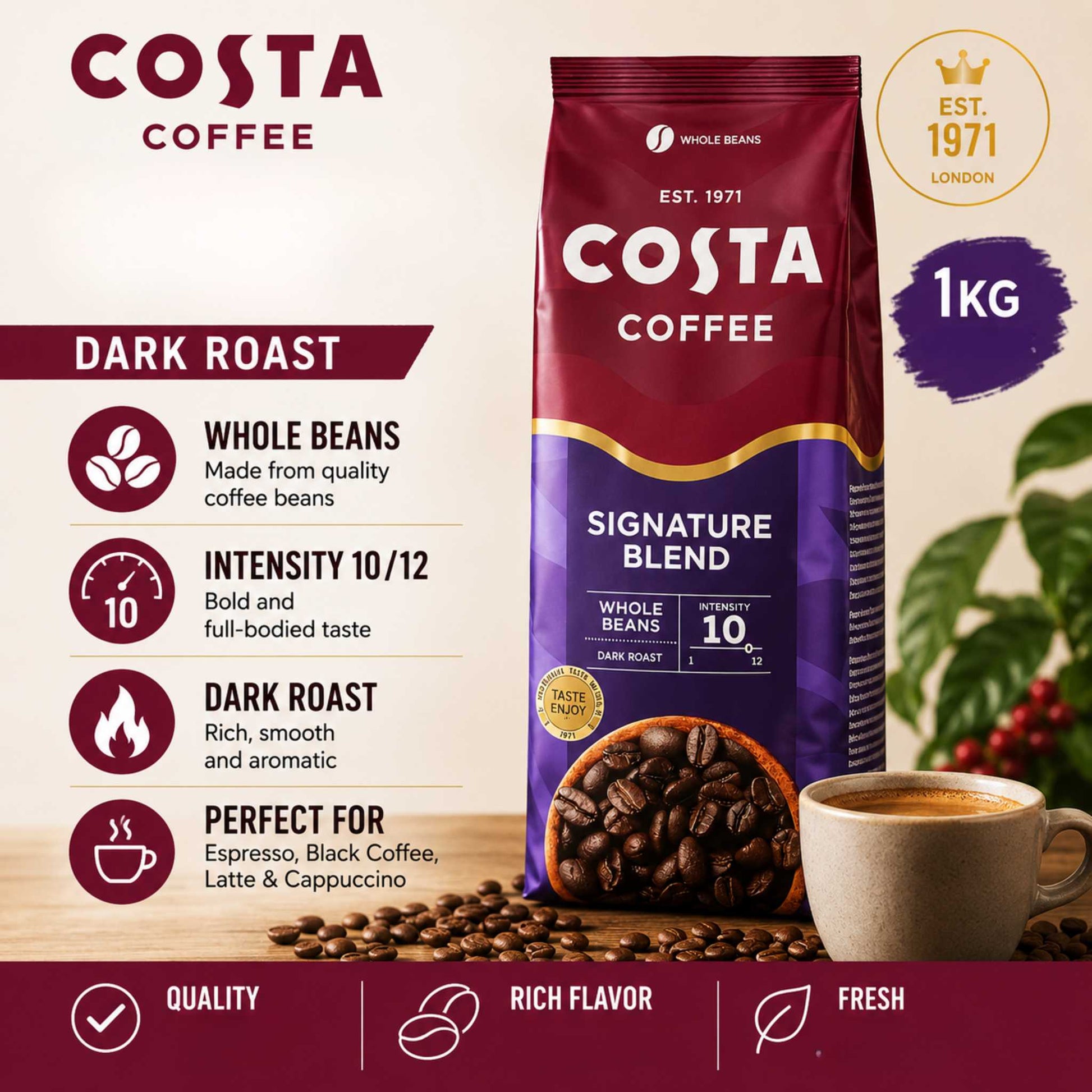 Costa Signature Blend whole bean coffee for offices cafés and hotels in Singapore dark roast espresso beans for professional coffee machines.