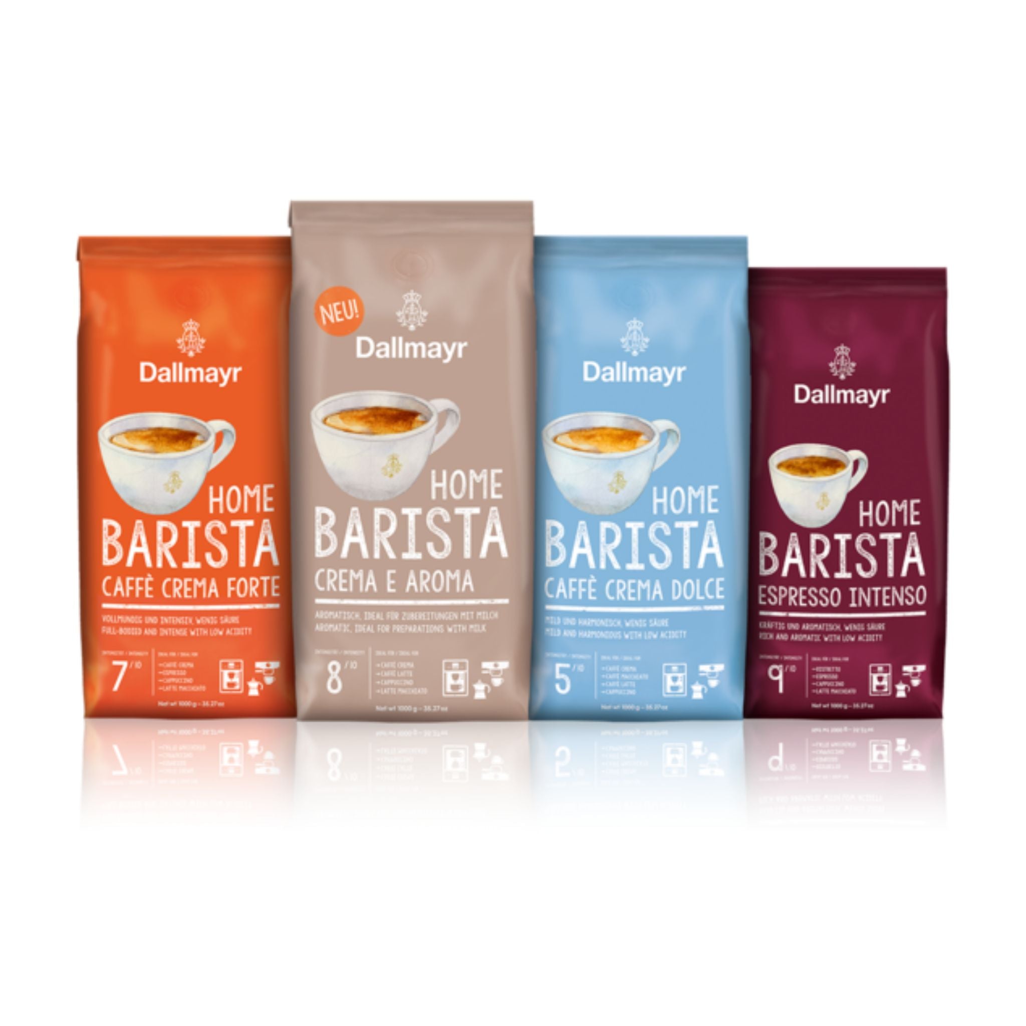GardenState, authentic Dallmayr Home Barista Whole Coffee Beans Collection, Espresso Intenso, Caffe Crema Dolce, Caffe Crema Forte, Crema E Aroma. Low Acidity, great taste. 