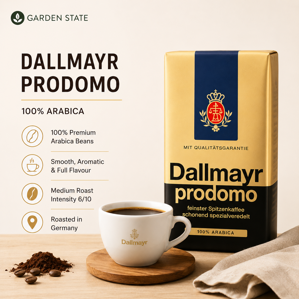 GardenState, Dallmayr Prodomo Roast & Ground Coffee 500g, 100% Arabica, medium roast, intensity 6/10. Smooth and full-flavored, roasted in Germany. Ideal for cafés, offices, and premium retail.
