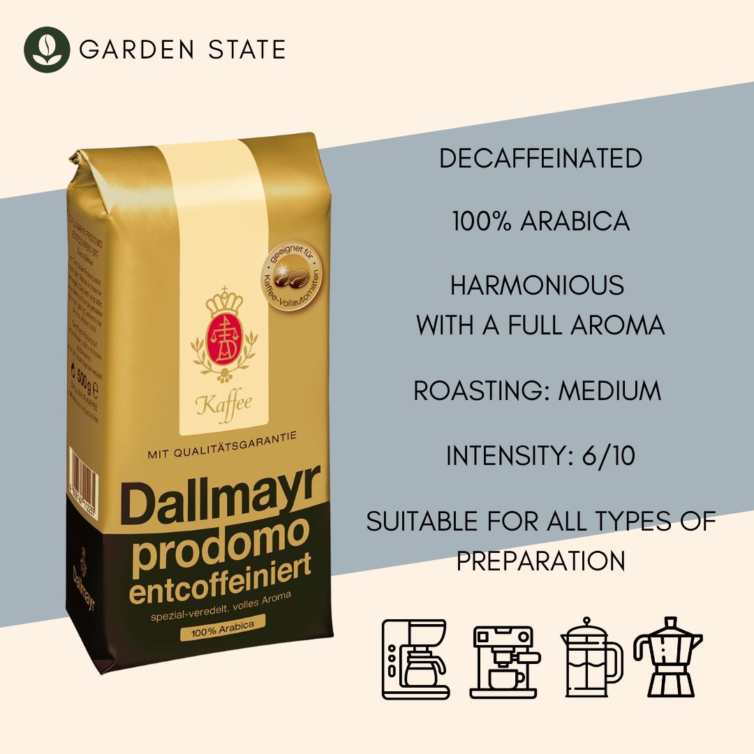GardenState, Dallmayr Prodomo Decaffeinated Coffee Beans 500g, 100% Arabica, medium roast, intensity 6/10. Smooth and full-flavored. Roasted in Germany. Perfect decaf for businesses and hospitality.