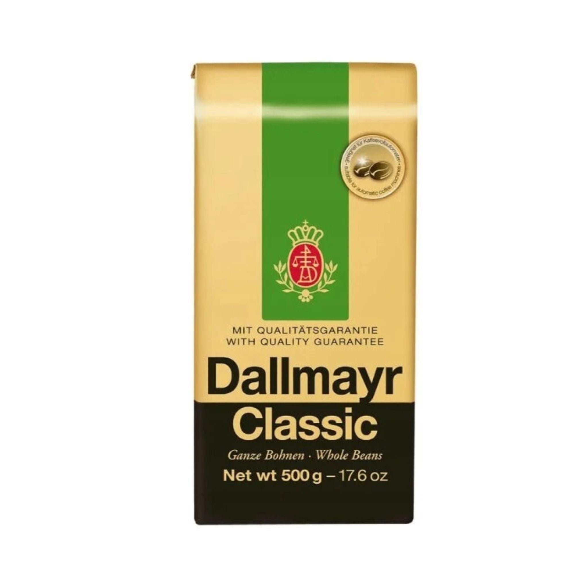 GardenState, Dallmayr Classic 500g whole coffee beans, medium roast, 6/10 intensity, roasted in Germany. Smooth, balanced flavor ideal for B2B coffee service in offices, cafés, and hotels.