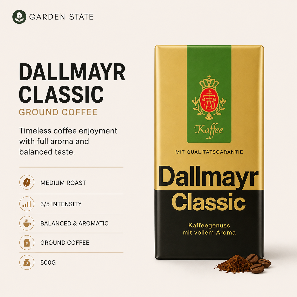 GardenState, Dallmayr Classic Ground Coffee 500g. Smooth, mild blend of Arabica and Robusta. Ideal for professional brewing bulk supply for maritime industry.