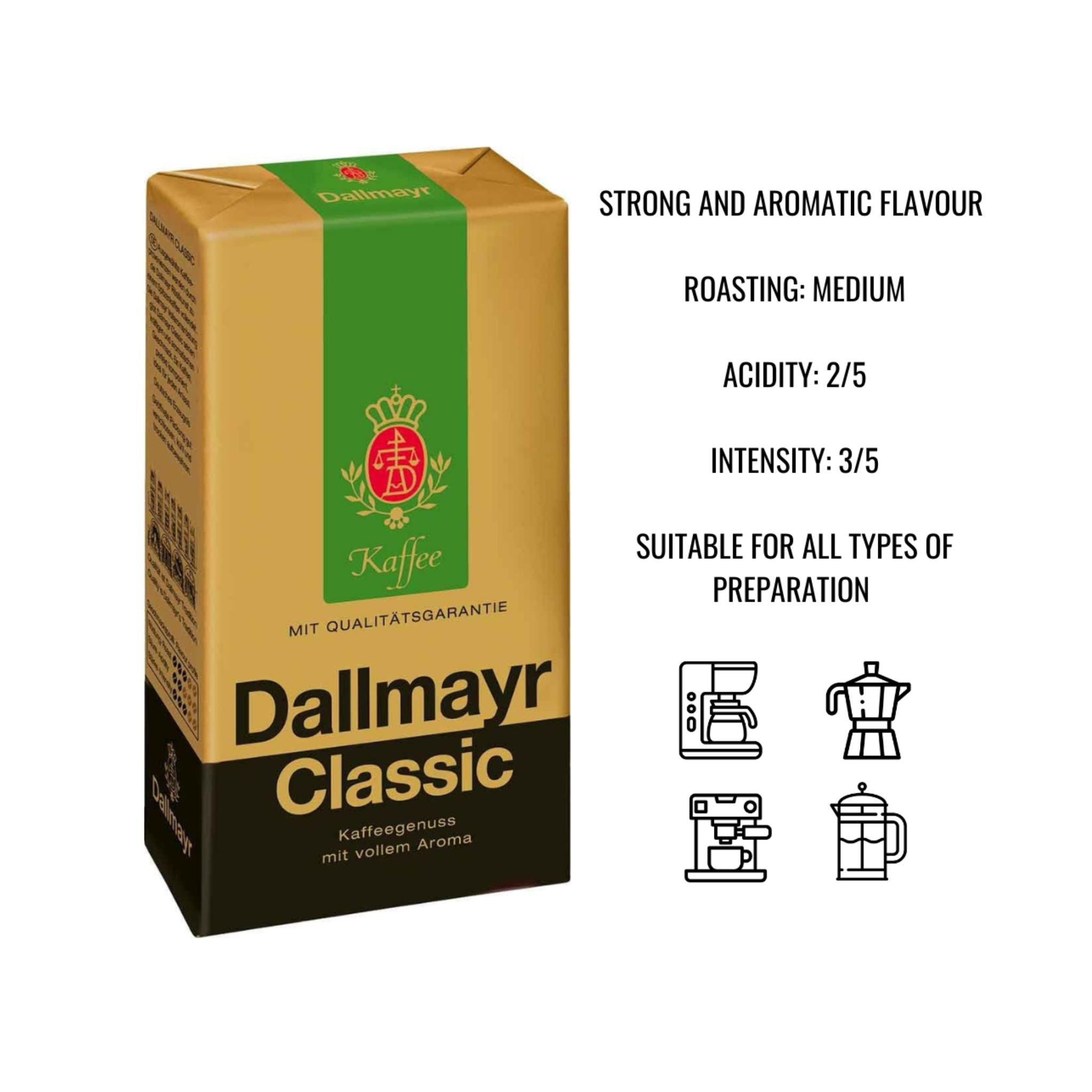 GardenState, Dallmayr Classic Ground Coffee 500g, medium roast, intensity 6/10. Smooth, mild blend of Arabica and Robusta. Roasted in Germany. Ideal for professional and home brewing.
