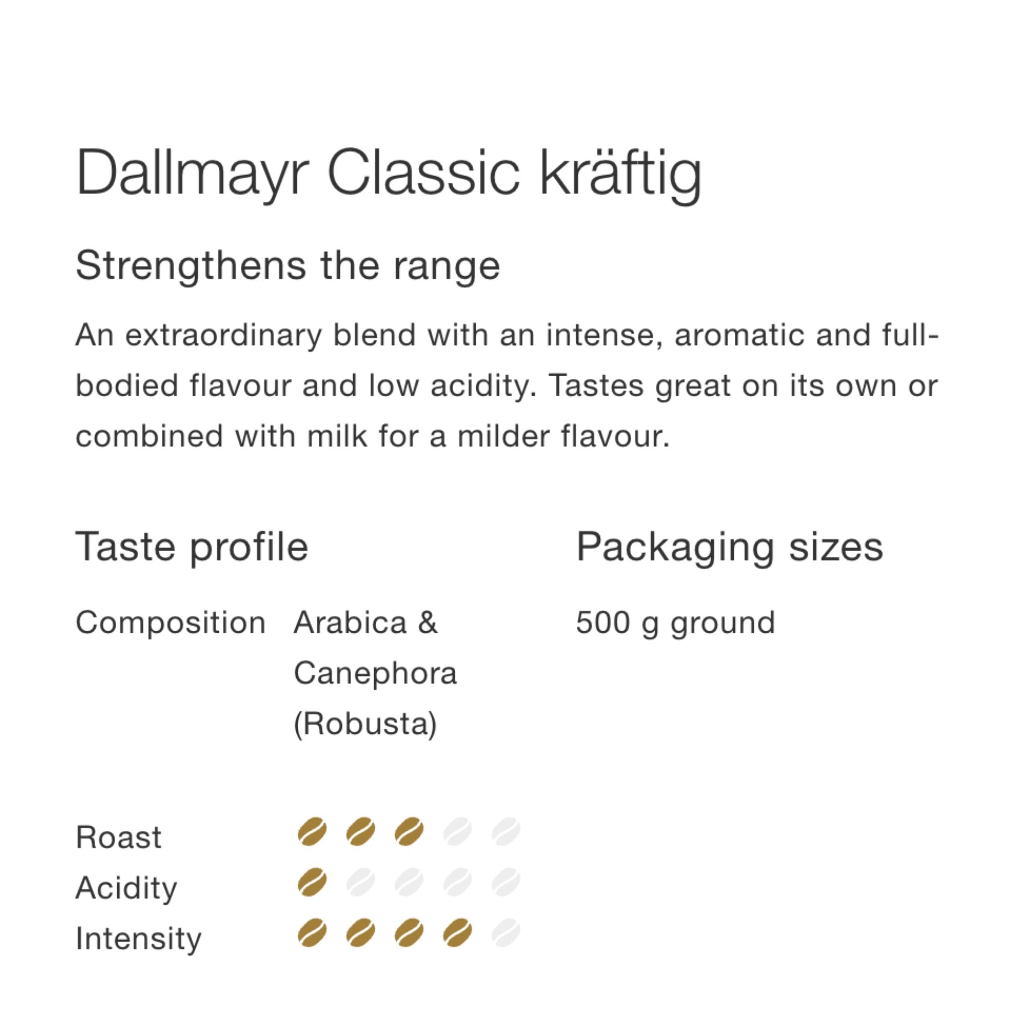 GardenState, Dallmayr Classic Strong Ground Coffee 500g – bold 8/10 intensity blend of Arabica and Robusta with full-bodied flavor and low acidity, ideal for office and hospitality use.