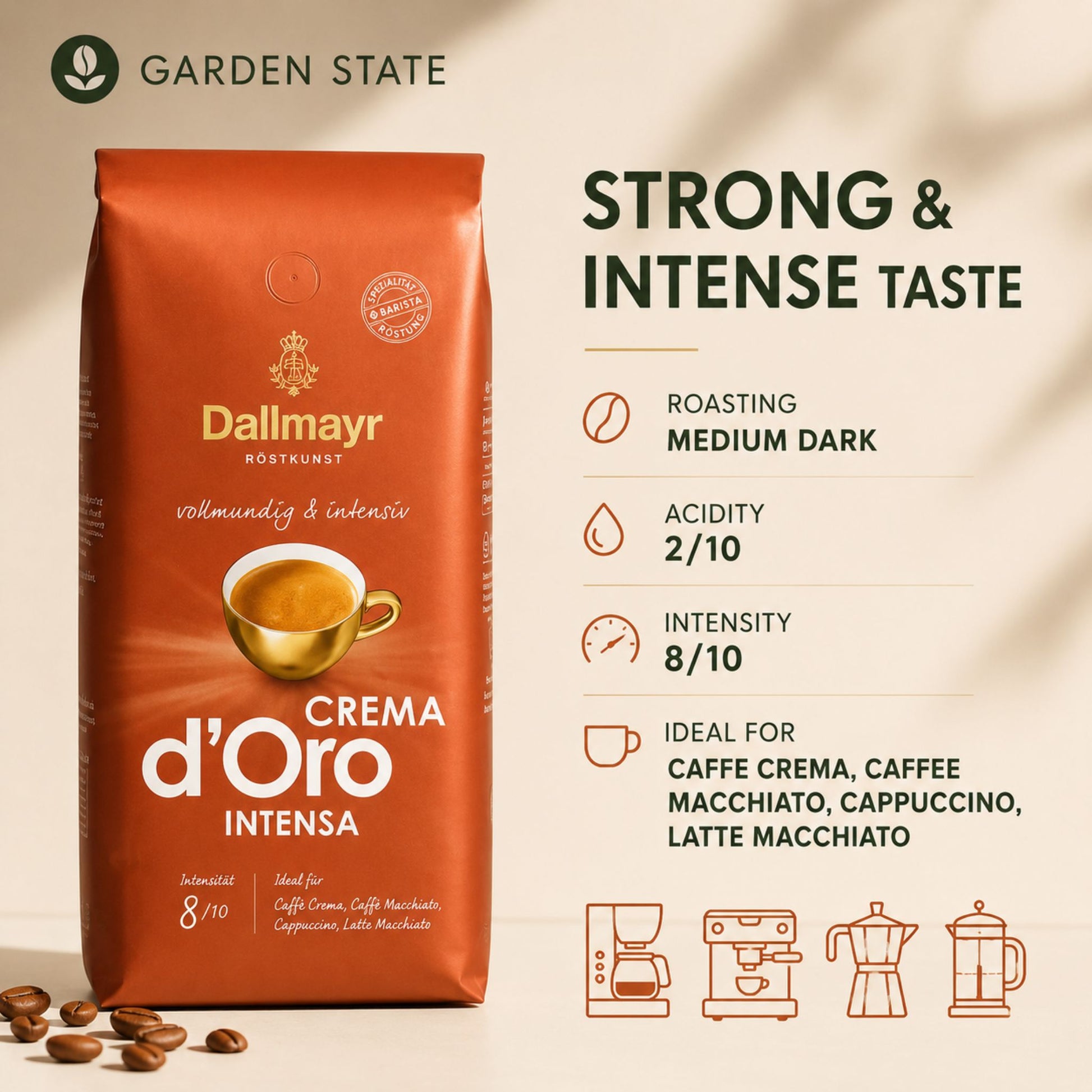 GardenState, Dallmayr Crema d’Oro INTENSA 1KG whole beans, medium-dark roast, intensity 8/10, rich and smooth with golden crema. Roasted in Germany. Ideal for company coffee service and baristas.
