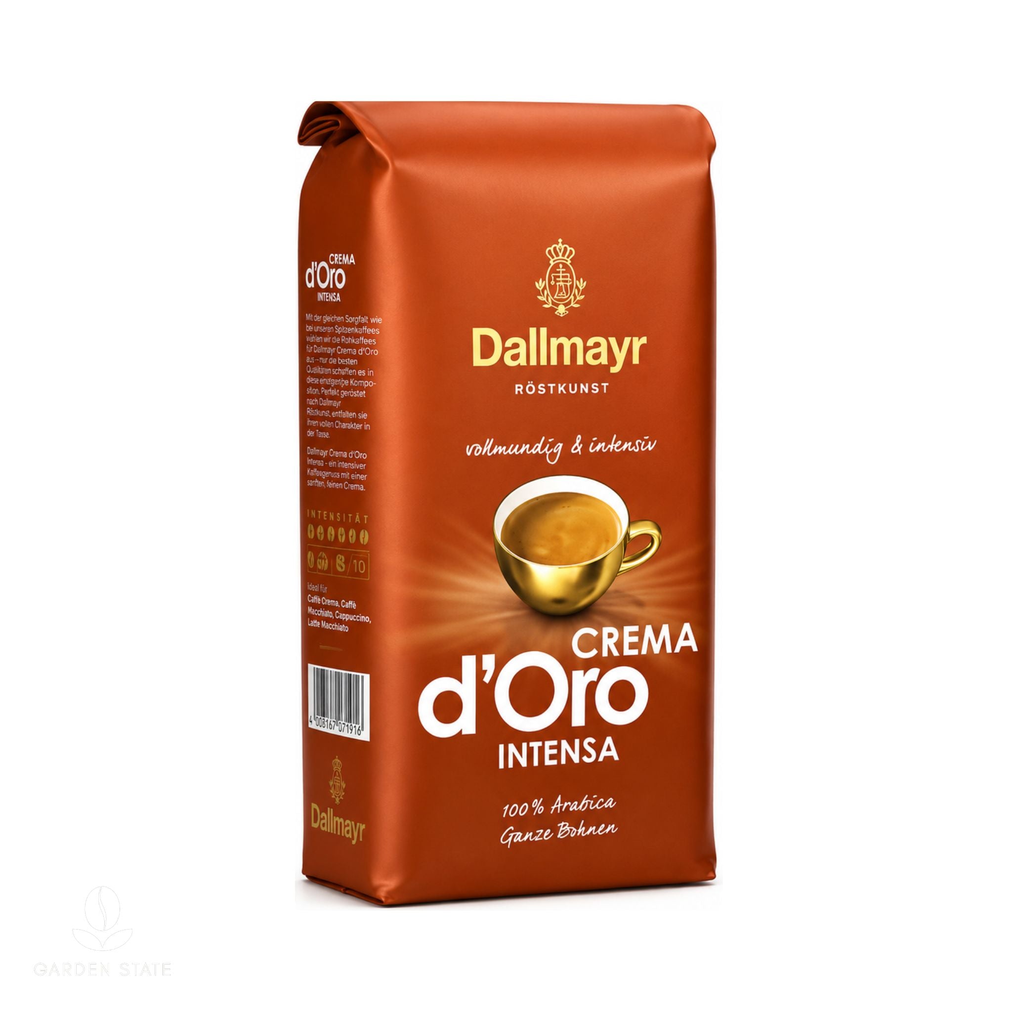 GardenState, Dallmayr Crema d’Oro INTENSA 1KG whole beans, medium-dark roast, intensity 8/10, rich and smooth with golden crema. Roasted in Germany. Ideal for company coffee service and baristas.