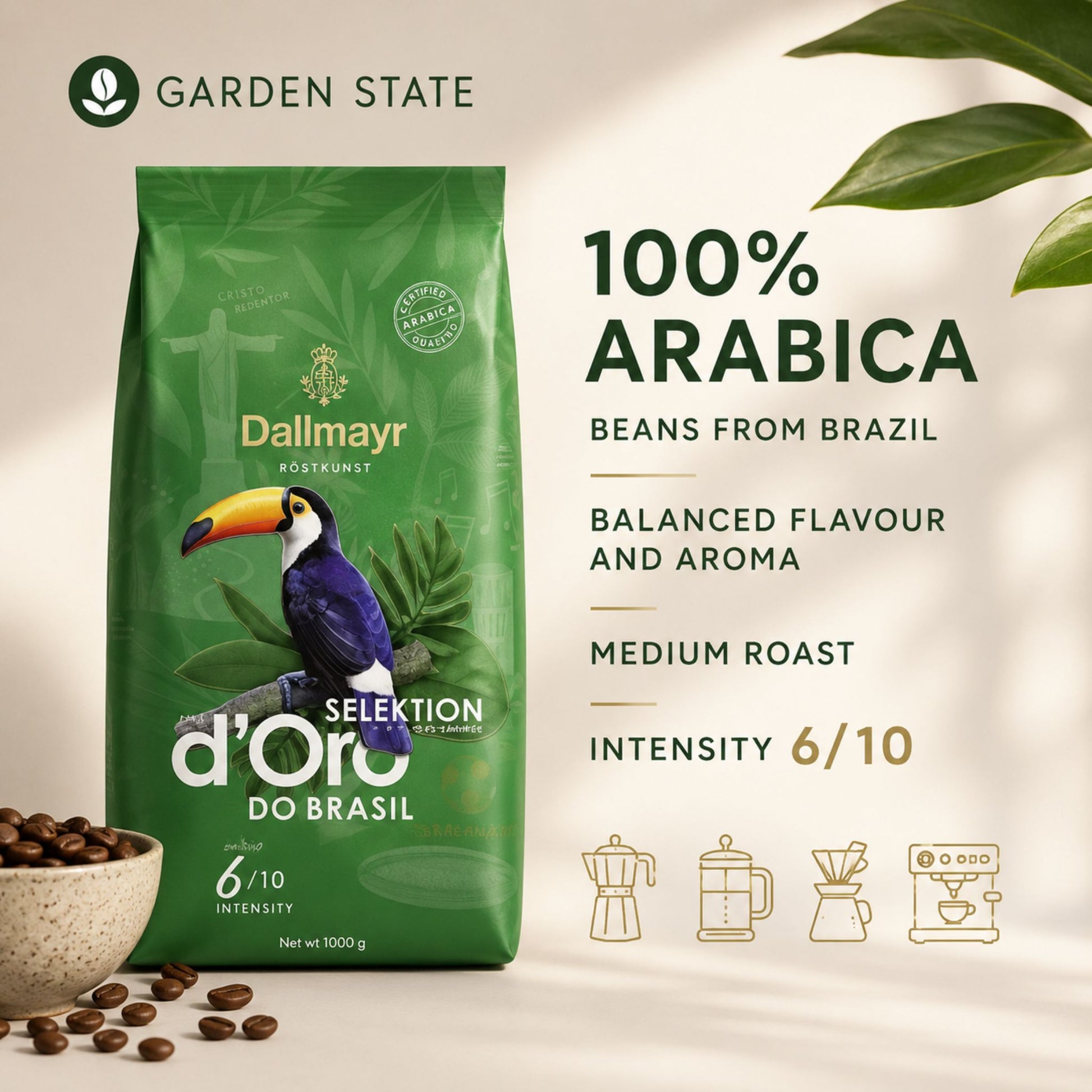 GardenState. Dallmayr Crema d'Oro Do Brasil Whole Beans 1kg – medium roast, intensity 6/10. Premium Arabica blend from Brazil with nutty, chocolatey notes, balanced acidity and smooth crema. Perfect for espresso or milk-based drinks.