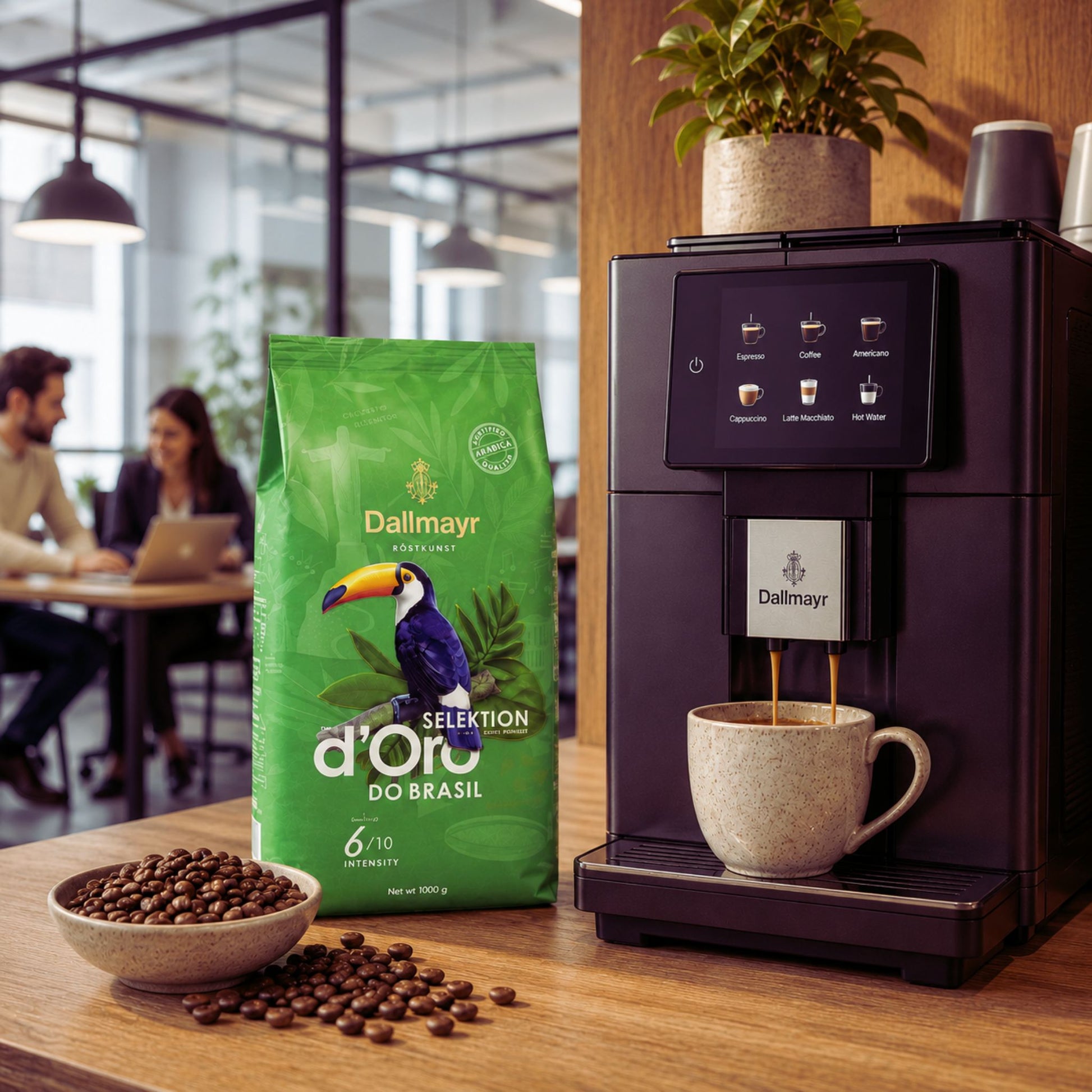 GardenState. Dallmayr Crema d'Oro Do Brasil Whole Beans 1kg – medium roast, intensity 6/10. Premium Arabica blend from Brazil with nutty, chocolatey notes, balanced acidity and smooth crema. Perfect for espresso or milk-based drinks.
