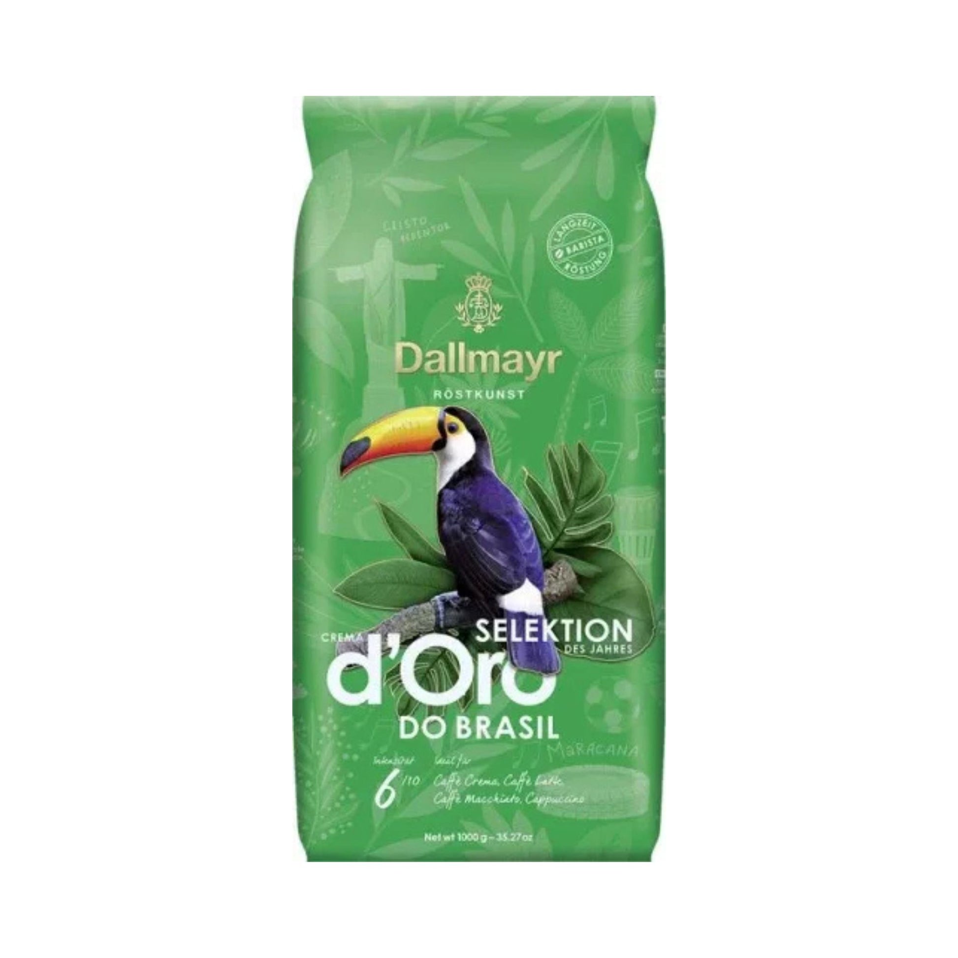 GardenState. Dallmayr Crema d'Oro Do Brasil Whole Beans 1kg – medium roast, intensity 6/10. Premium Arabica blend from Brazil with nutty, chocolatey notes, balanced acidity and smooth crema. Perfect for espresso or milk-based drinks.