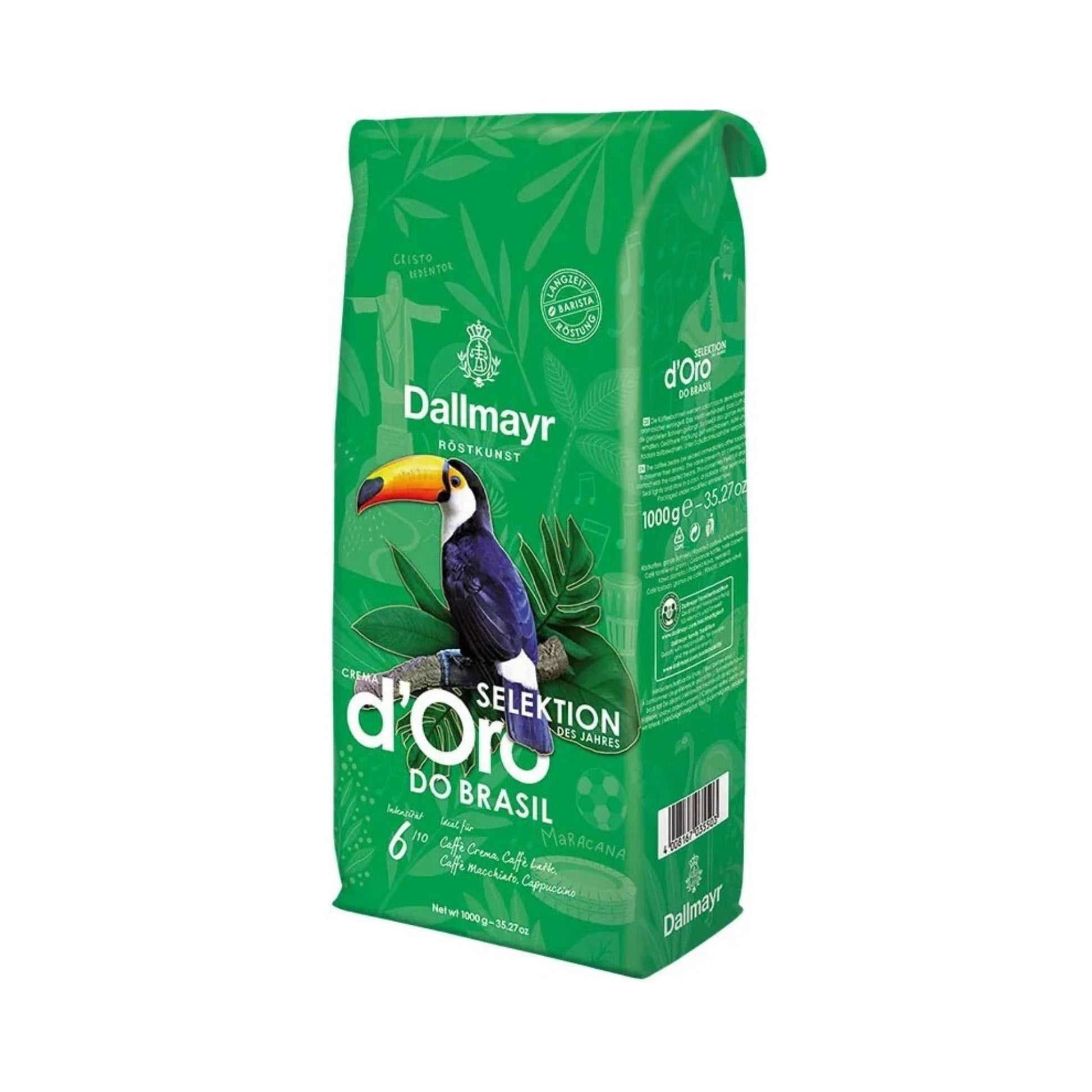 GardenState. Dallmayr Crema d'Oro Do Brasil Whole Beans 1kg – medium roast, intensity 6/10. Premium Arabica blend from Brazil with nutty, chocolatey notes, balanced acidity and smooth crema. Perfect for espresso or milk-based drinks.