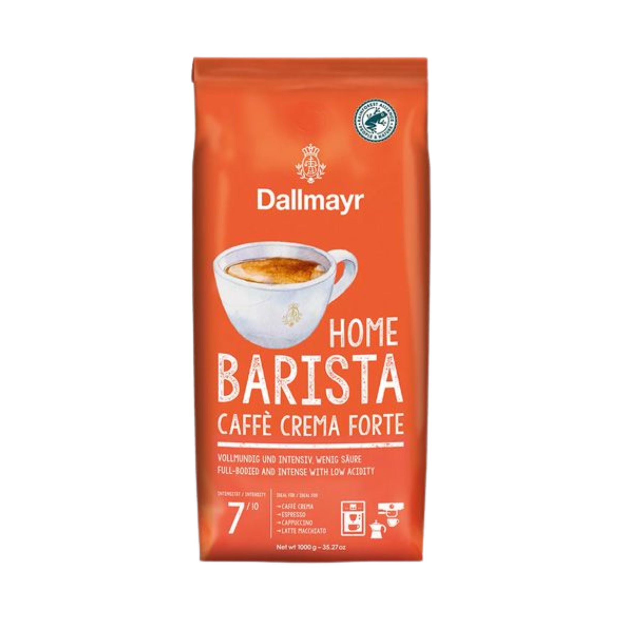 GardenState, Dallmayr Home Barista Caffe Crema Forte whole coffee beans, 1KG dark roast, 7/10 intensity, low acidity, full-bodied flavor. Roasted in Germany. Ideal for B2B coffee professionals.